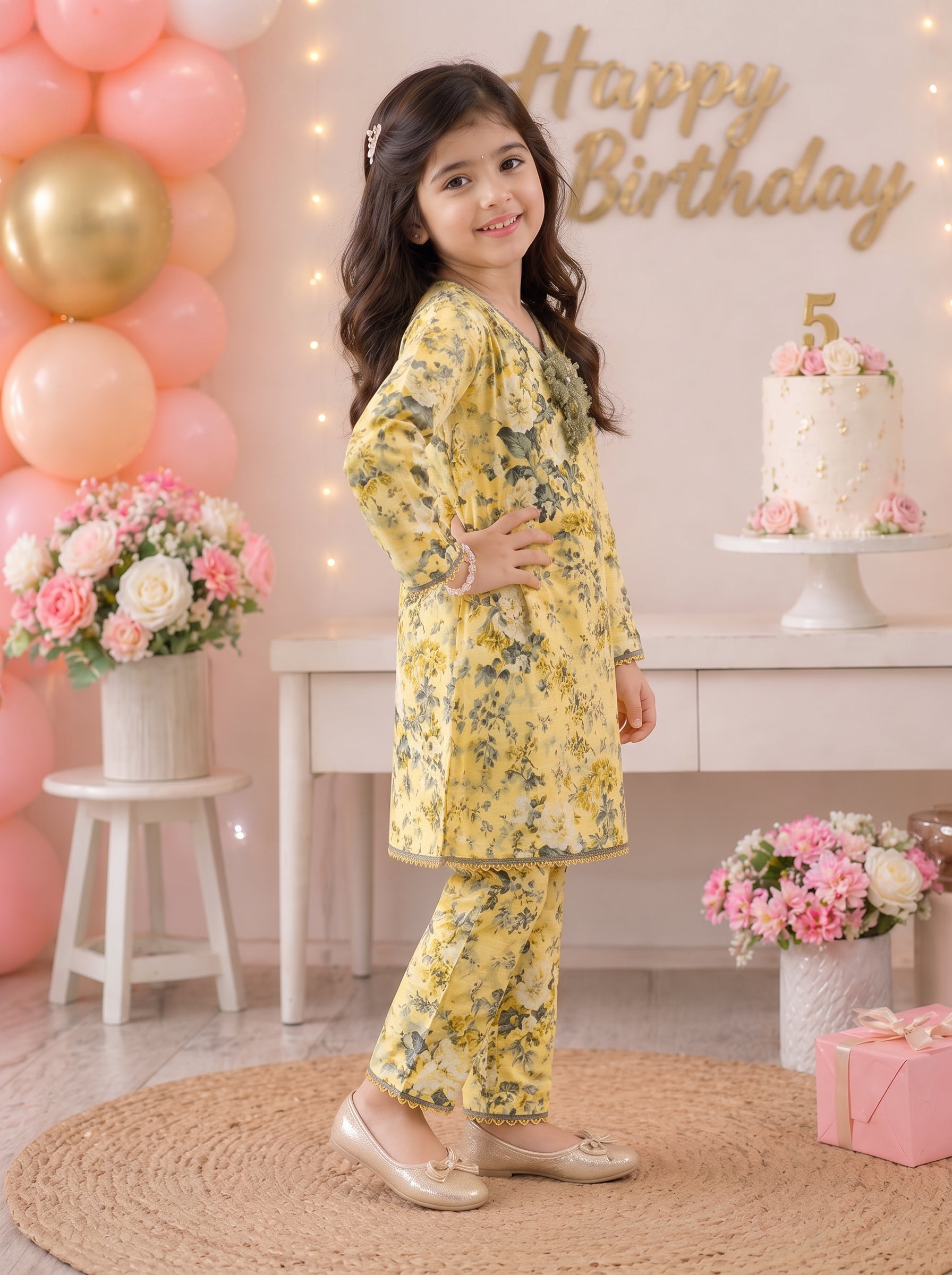 Light Yellow Floral (2-Pcs) Cotton Suit For Girls
