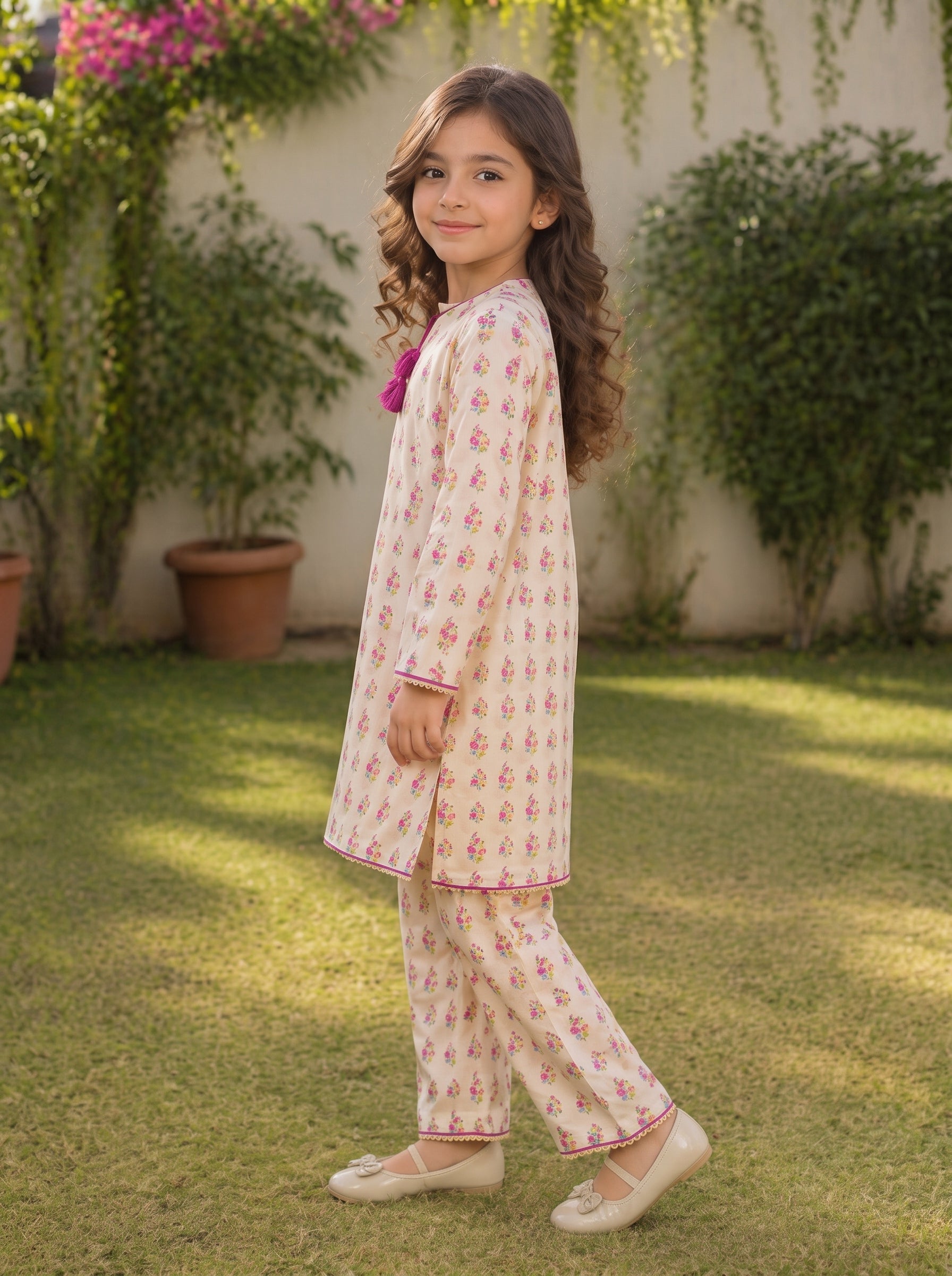 Off-White Floral (2-Pcs) Cotton Suit For Girls
