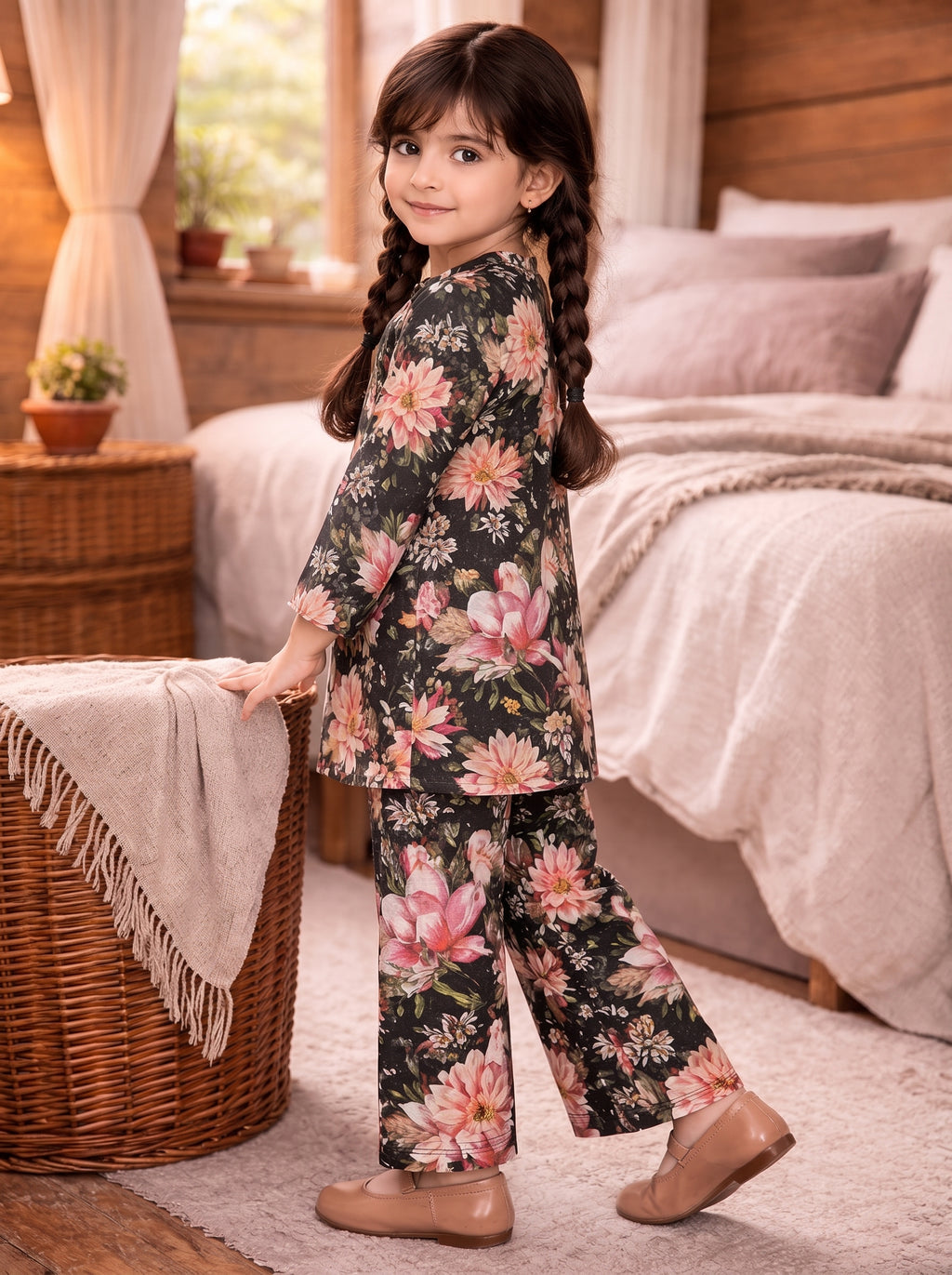 Black Floral (2-Pcs) Cotton Suit For Girls