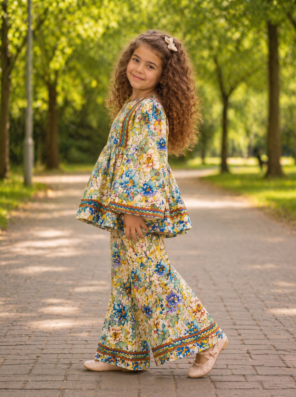 Beige Floral (2-Pcs) Cotton Frock For Girls