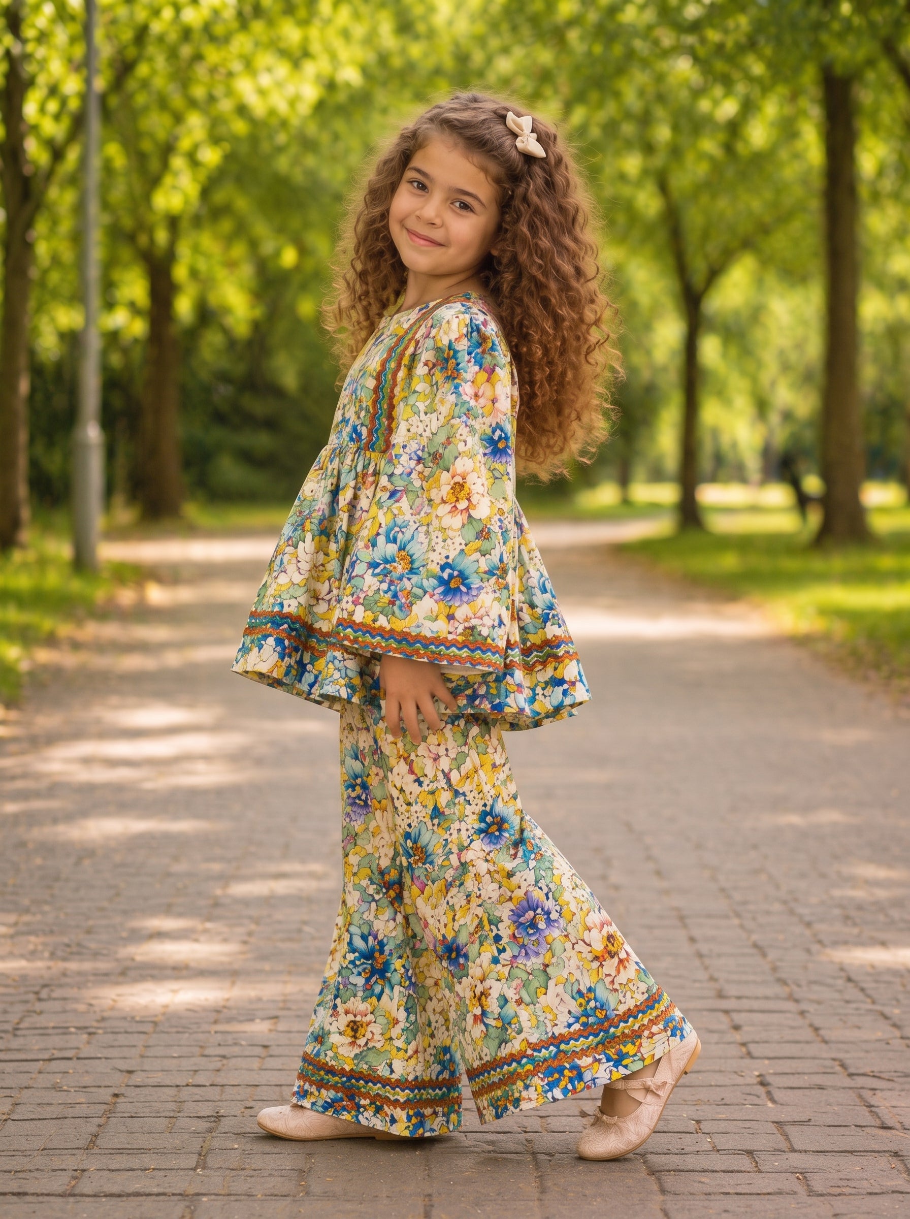 Beige Floral (2-Pcs) Cotton Frock For Girls