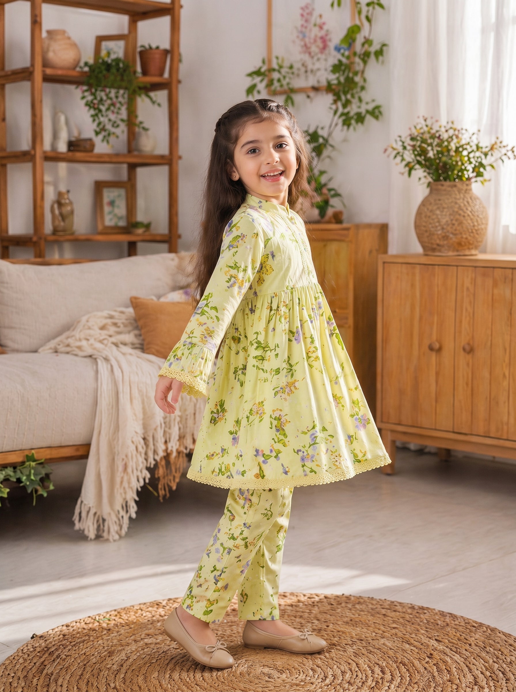 Light Pistachio Floral (2-Pcs) Cotton Frock For Girls