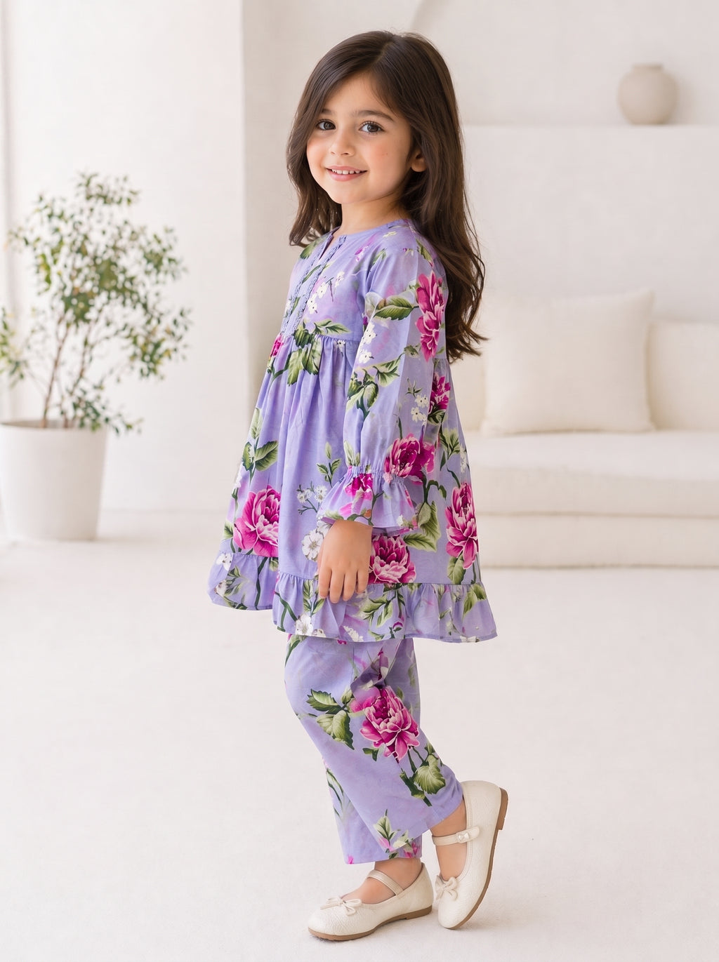 Lilac Floral (2-Pcs) Cotton Frock For Girls