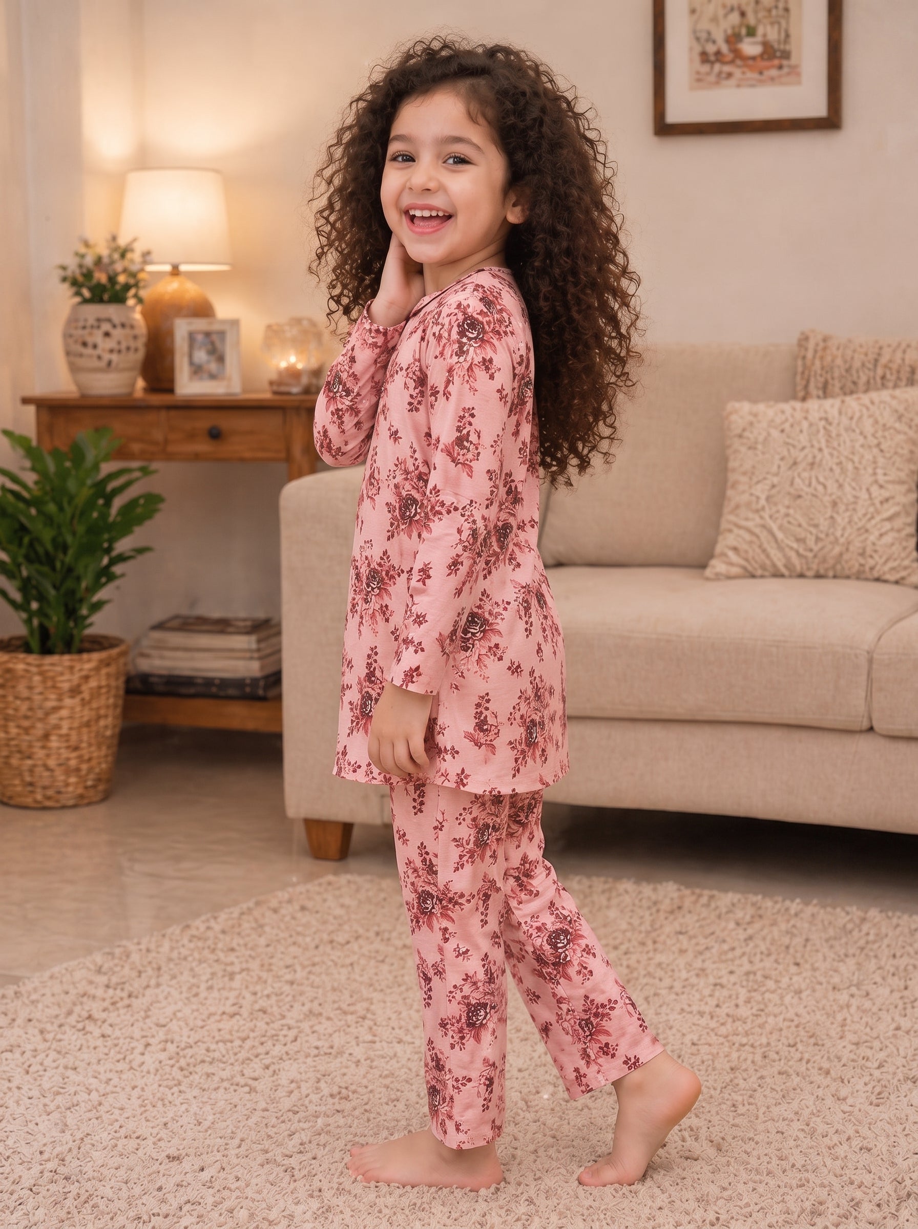 Rose Pink Floral (2-Pcs) Cotton Suit For Girls