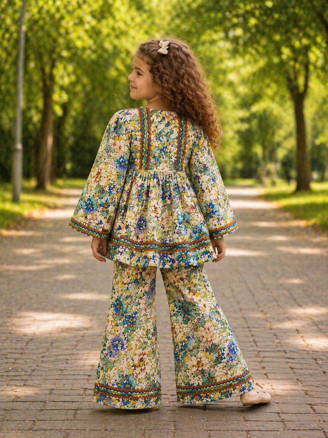 Beige Floral (2-Pcs) Cotton Frock For Girls
