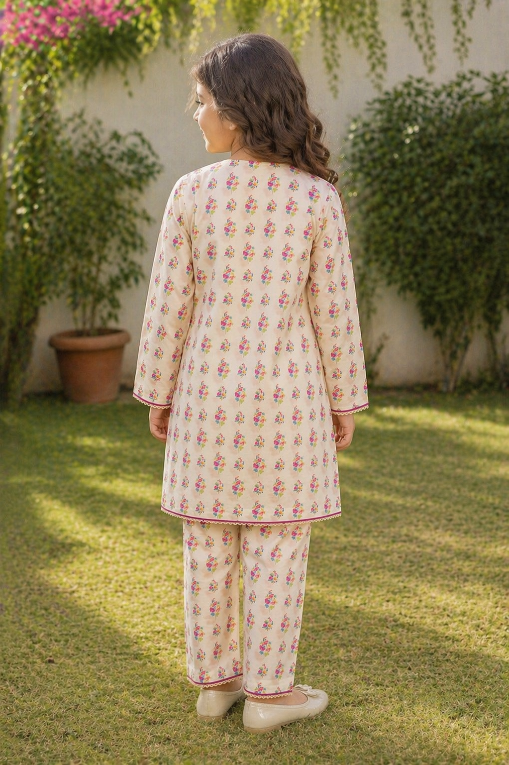 Off-White Floral (2-Pcs) Cotton Suit For Girls