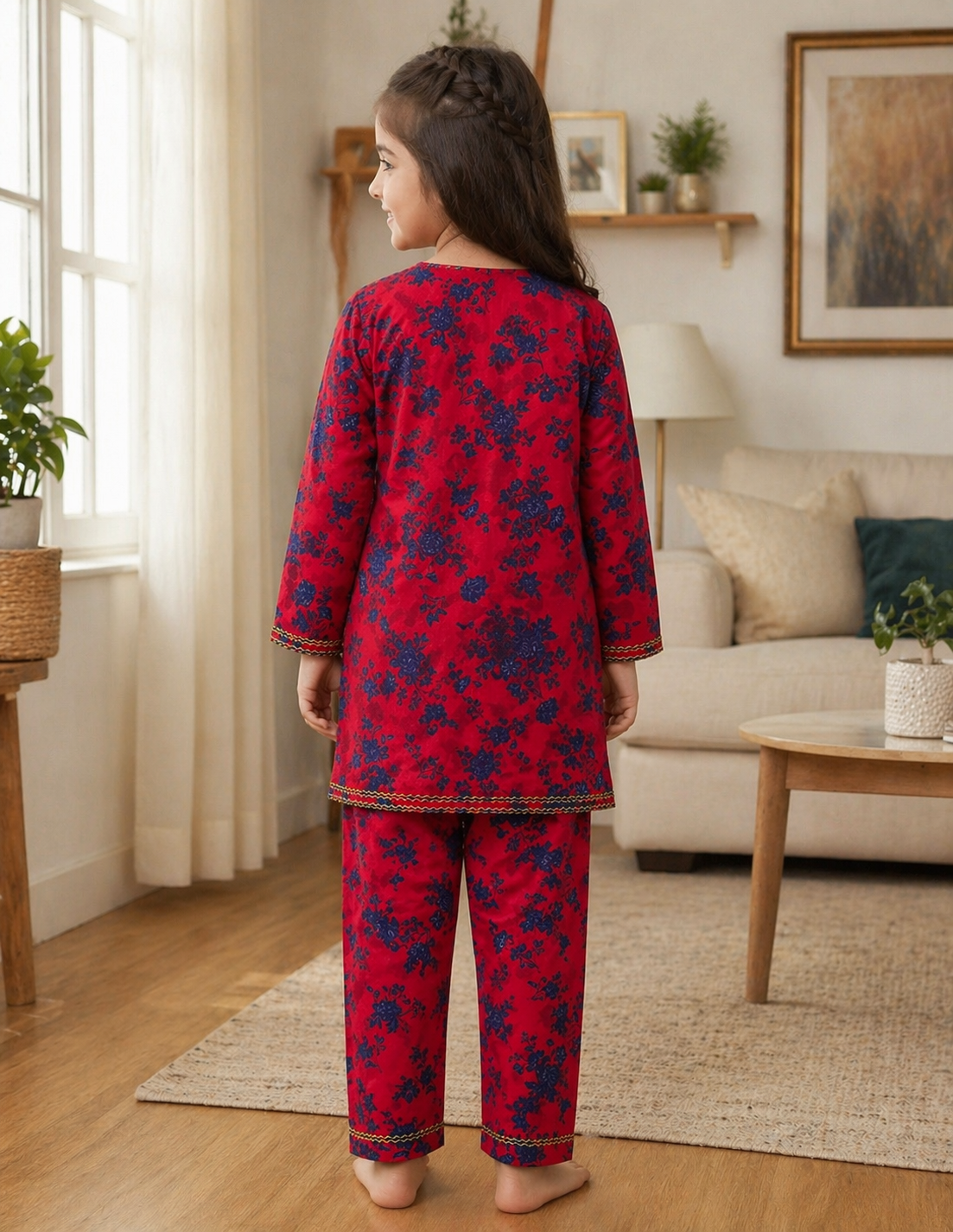 Red Floral (2-Pcs) Cotton Suit For Girls