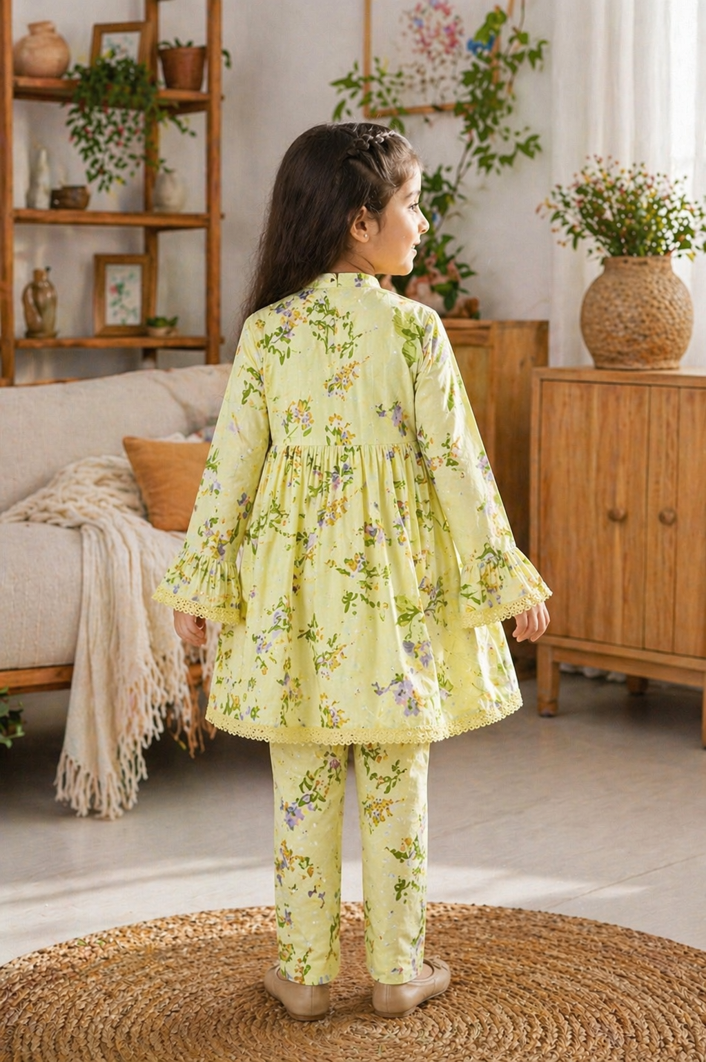 Light Pistachio Floral (2-Pcs) Cotton Frock For Girls