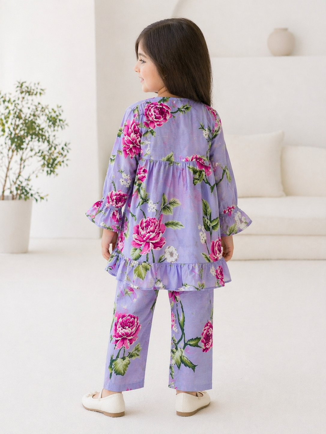 Lilac Floral (2-Pcs) Cotton Frock For Girls