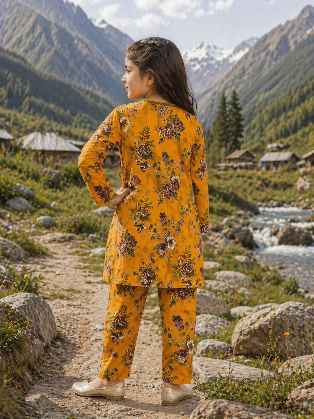 Mustard Orange Floral (2-Pcs) Cotton Suit For Girls