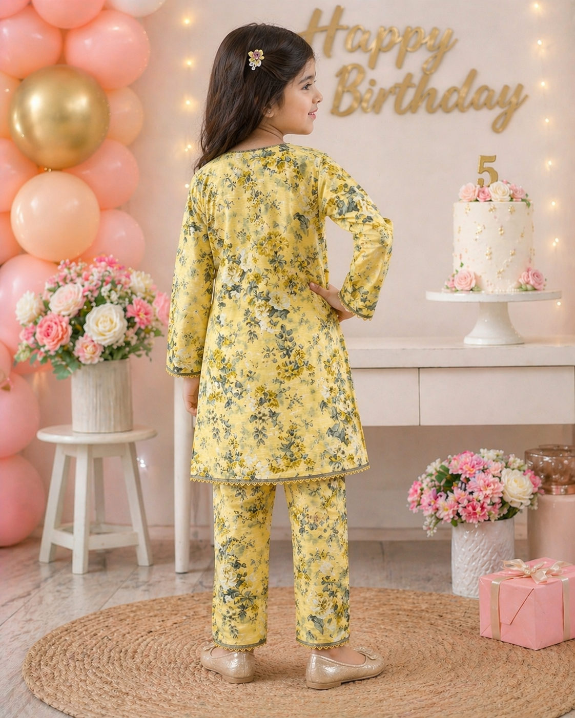 Light Yellow Floral (2-Pcs) Cotton Suit For Girls