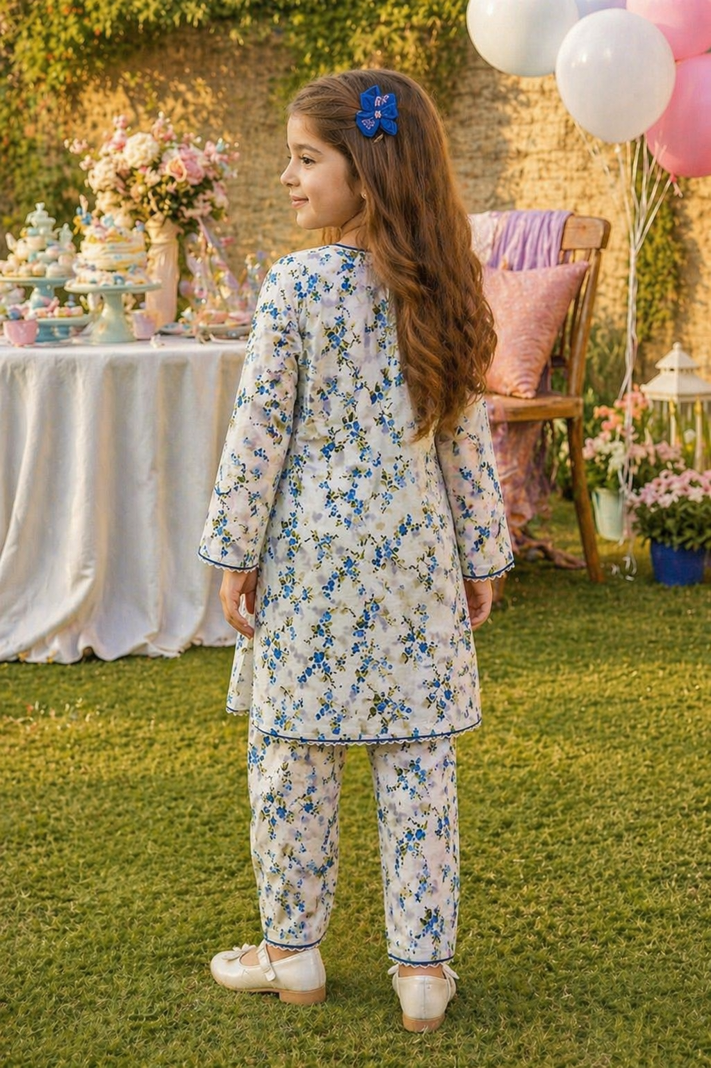 White Floral (2-Pcs) Cotton Suit For Girls