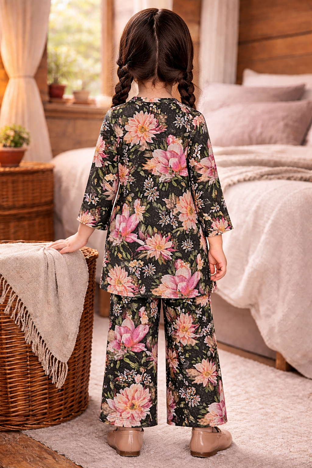 Black Floral (2-Pcs) Cotton Suit For Girls