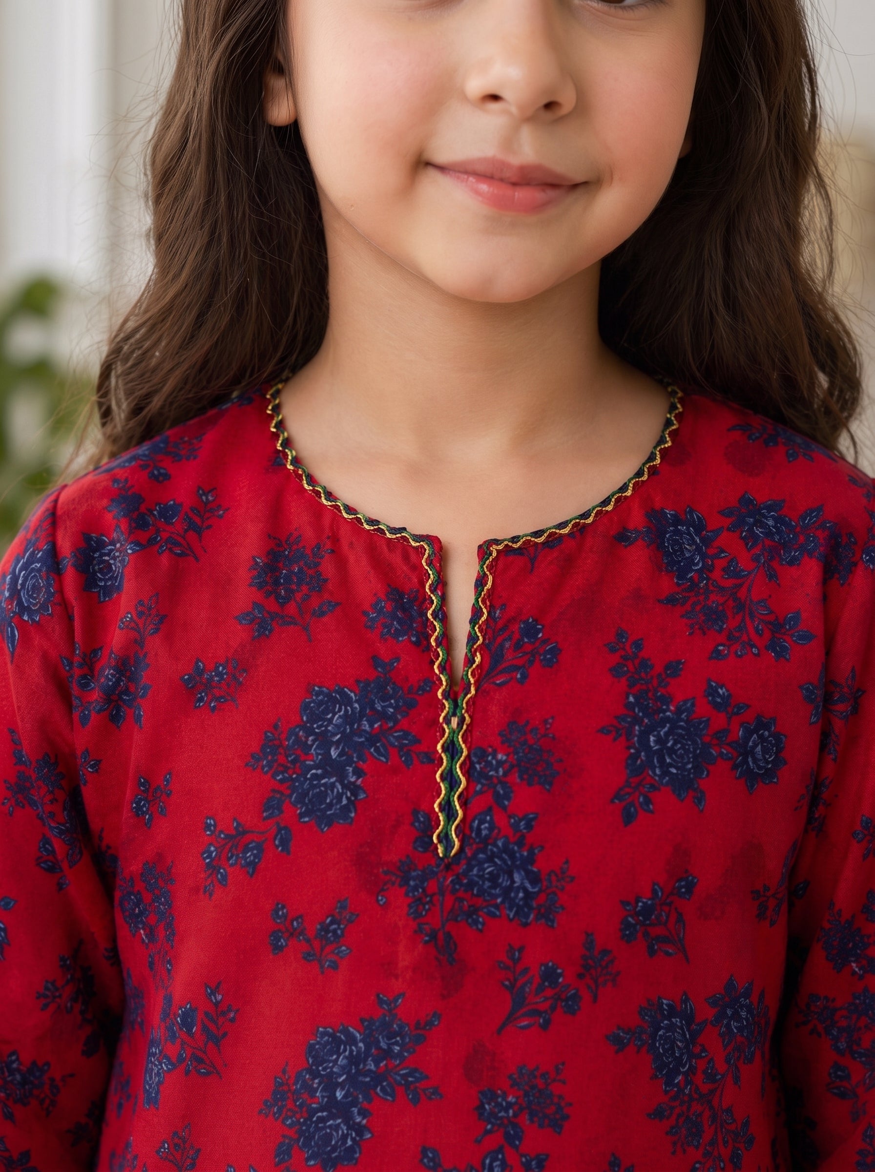 Red Floral (2-Pcs) Cotton Suit For Girls