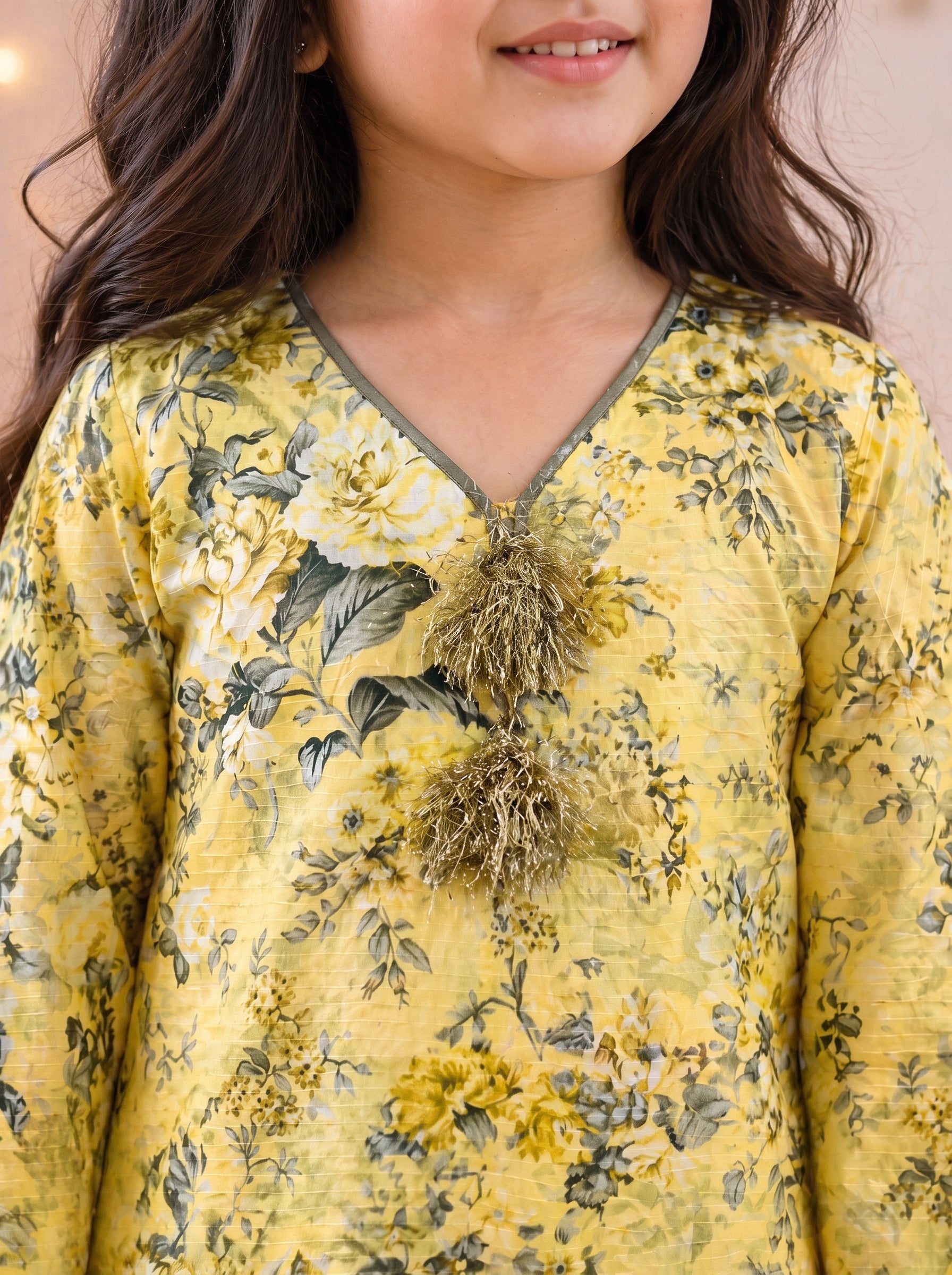 Light Yellow Floral (2-Pcs) Cotton Suit For Girls