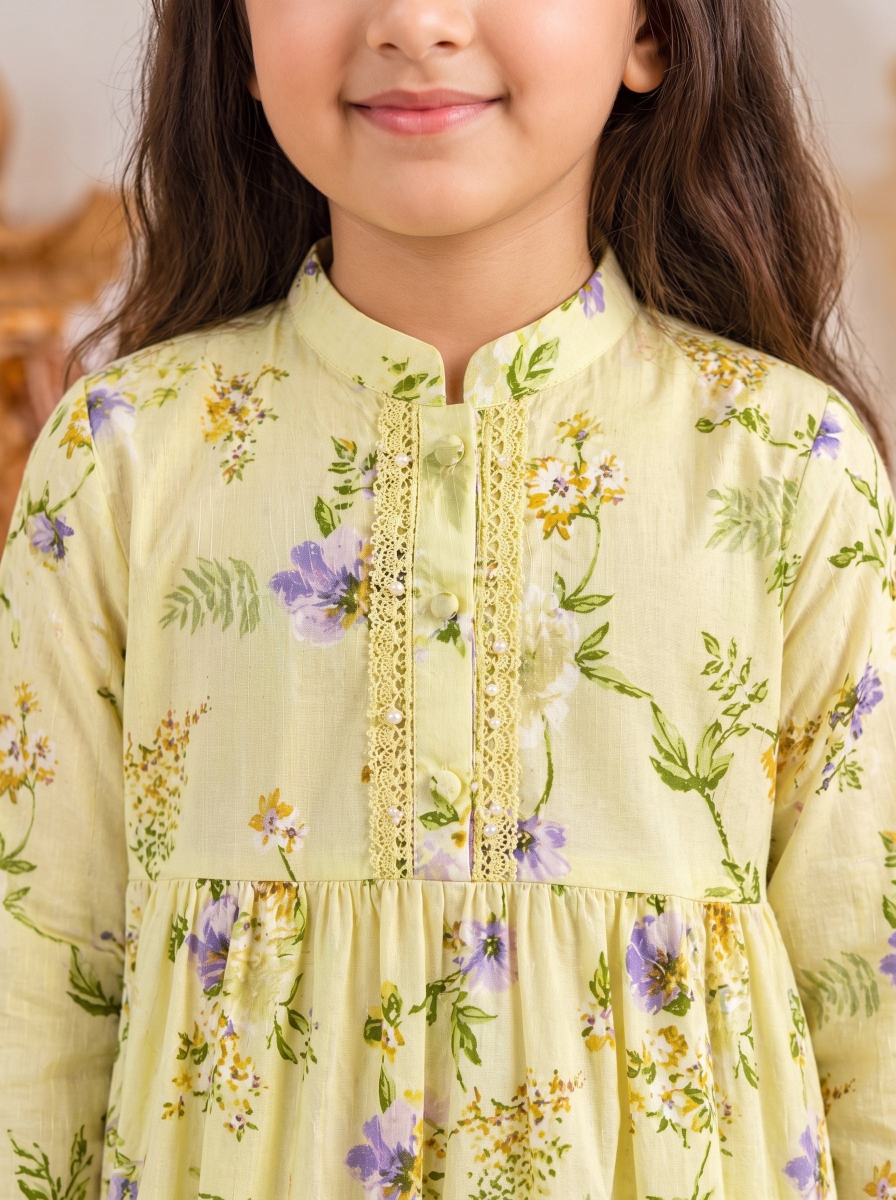 Light Pistachio Floral (2-Pcs) Cotton Frock For Girls