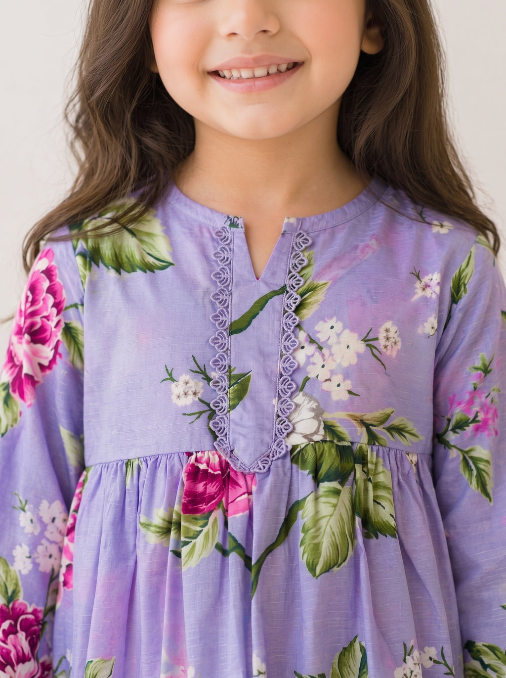 Lilac Floral (2-Pcs) Cotton Frock For Girls