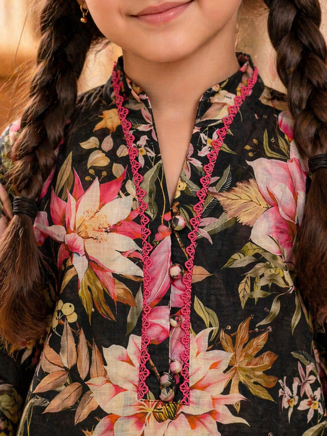 Black Floral (2-Pcs) Cotton Suit For Girls