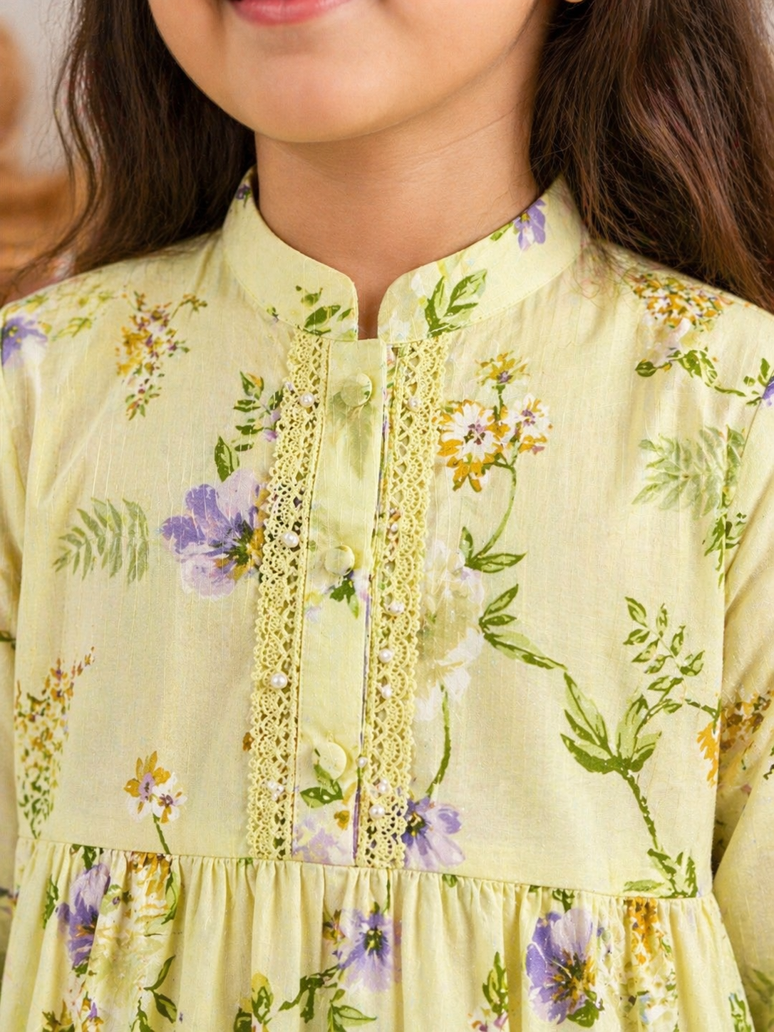 Light Pistachio Floral (2-Pcs) Cotton Frock For Girls