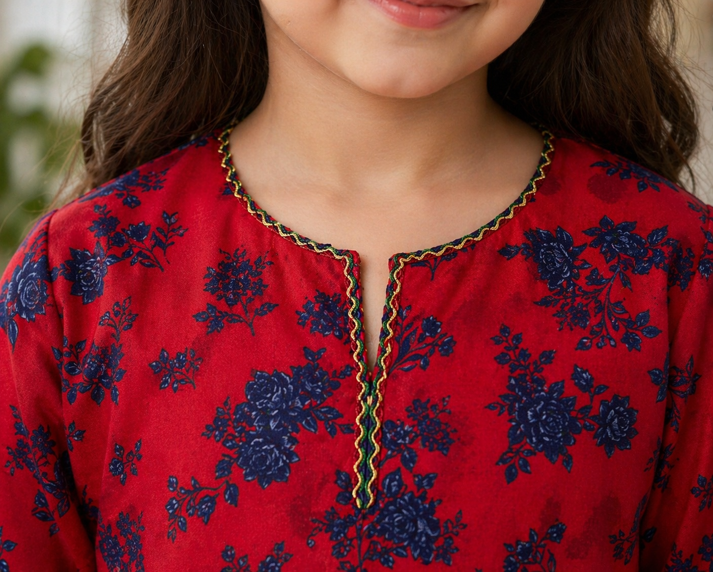 Red Floral (2-Pcs) Cotton Suit For Girls
