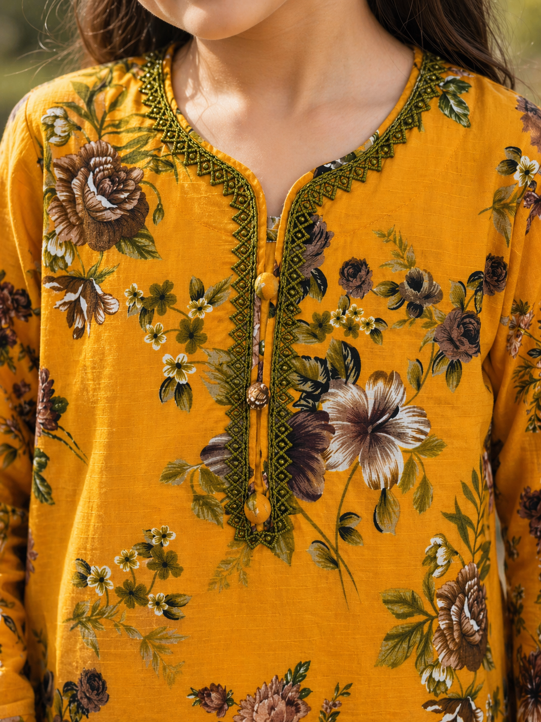 Mustard Orange Floral (2-Pcs) Cotton Suit For Girls