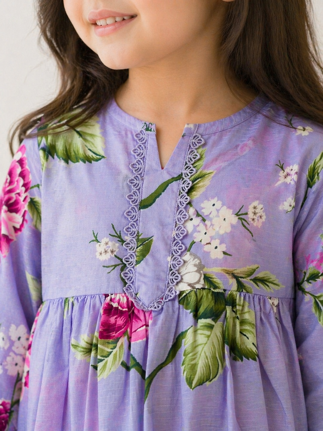Lilac Floral (2-Pcs) Cotton Frock For Girls