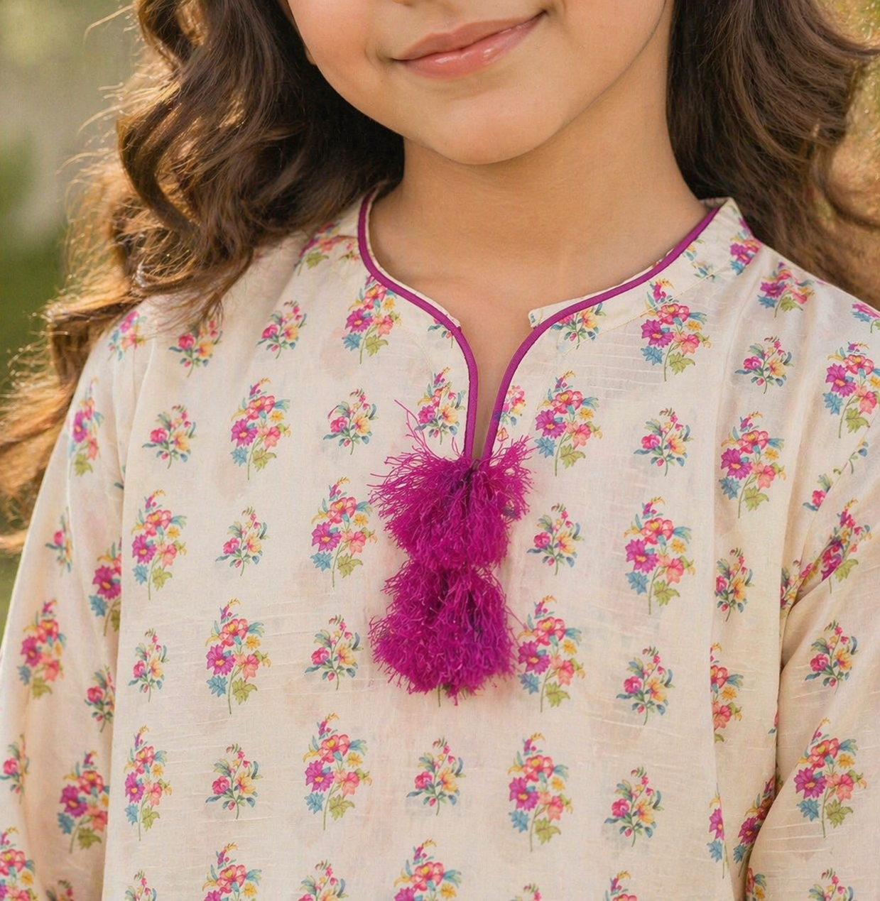Off-White Floral (2-Pcs) Cotton Suit For Girls