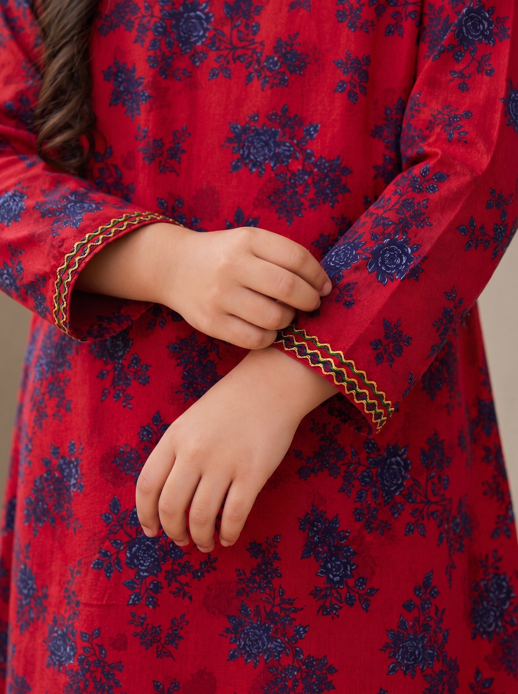 Red Floral (2-Pcs) Cotton Suit For Girls