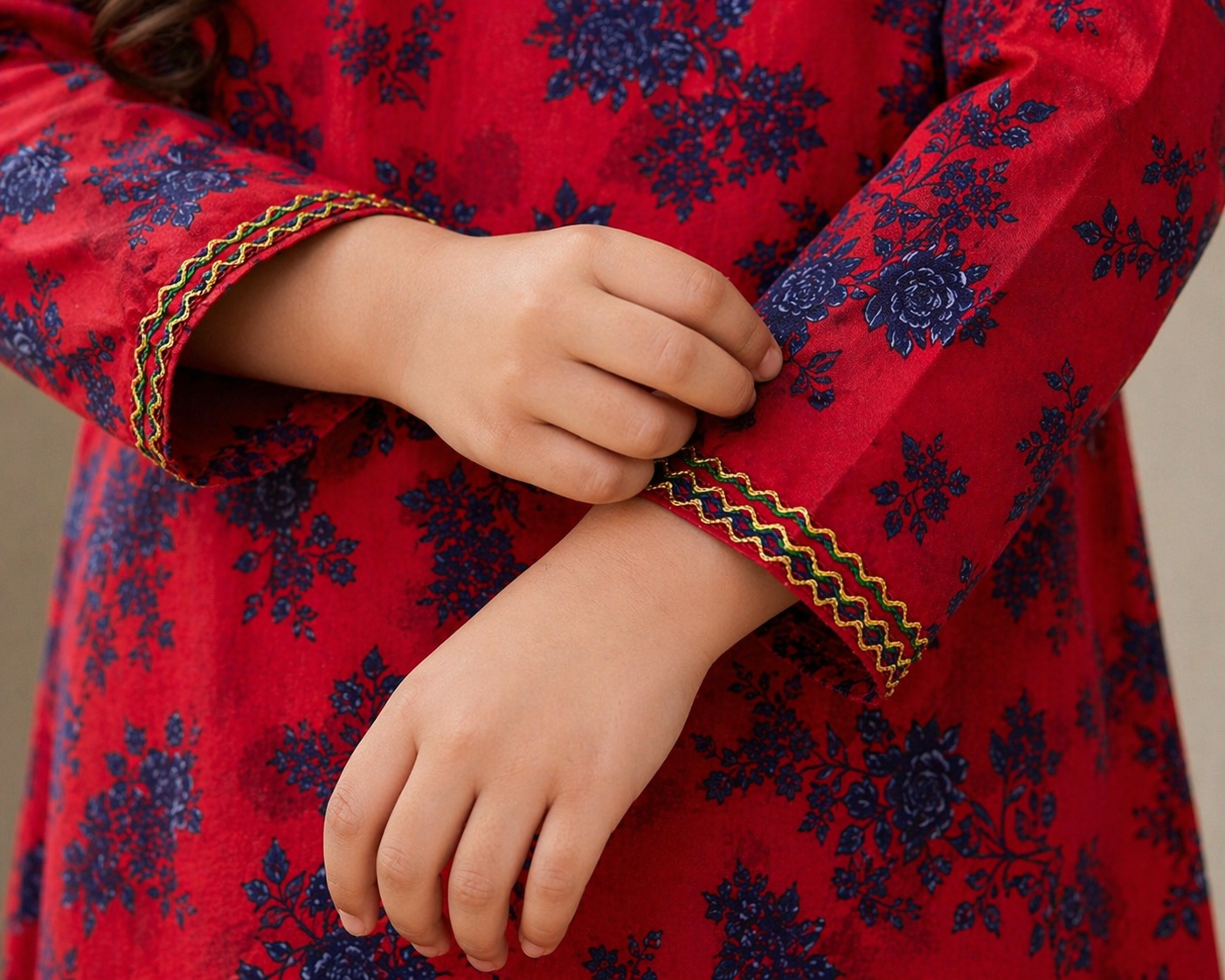 Red Floral (2-Pcs) Cotton Suit For Girls
