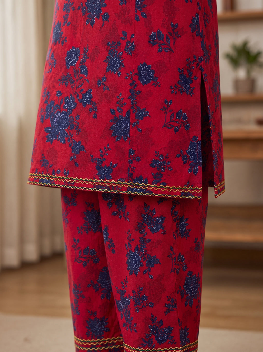 Red Floral (2-Pcs) Cotton Suit For Girls