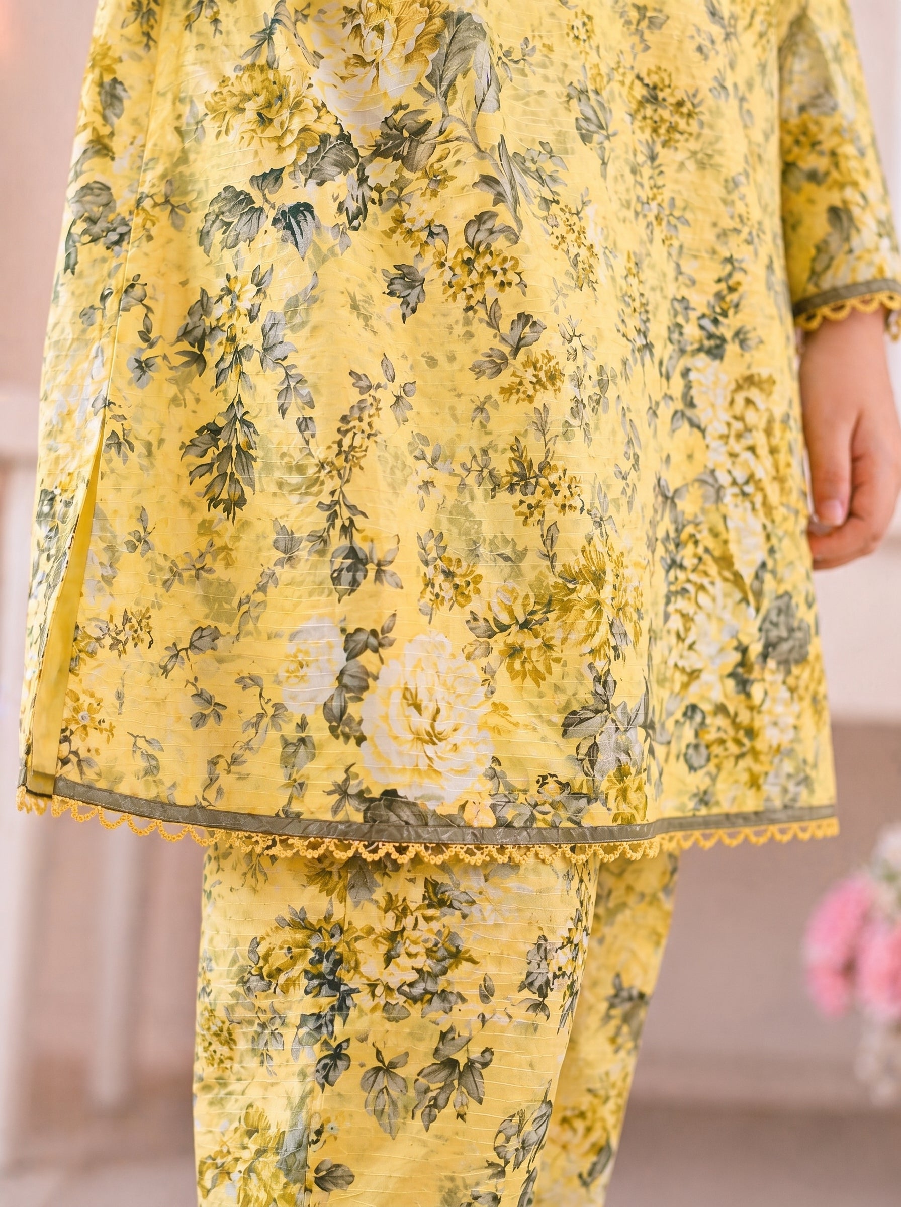 Light Yellow Floral (2-Pcs) Cotton Suit For Girls