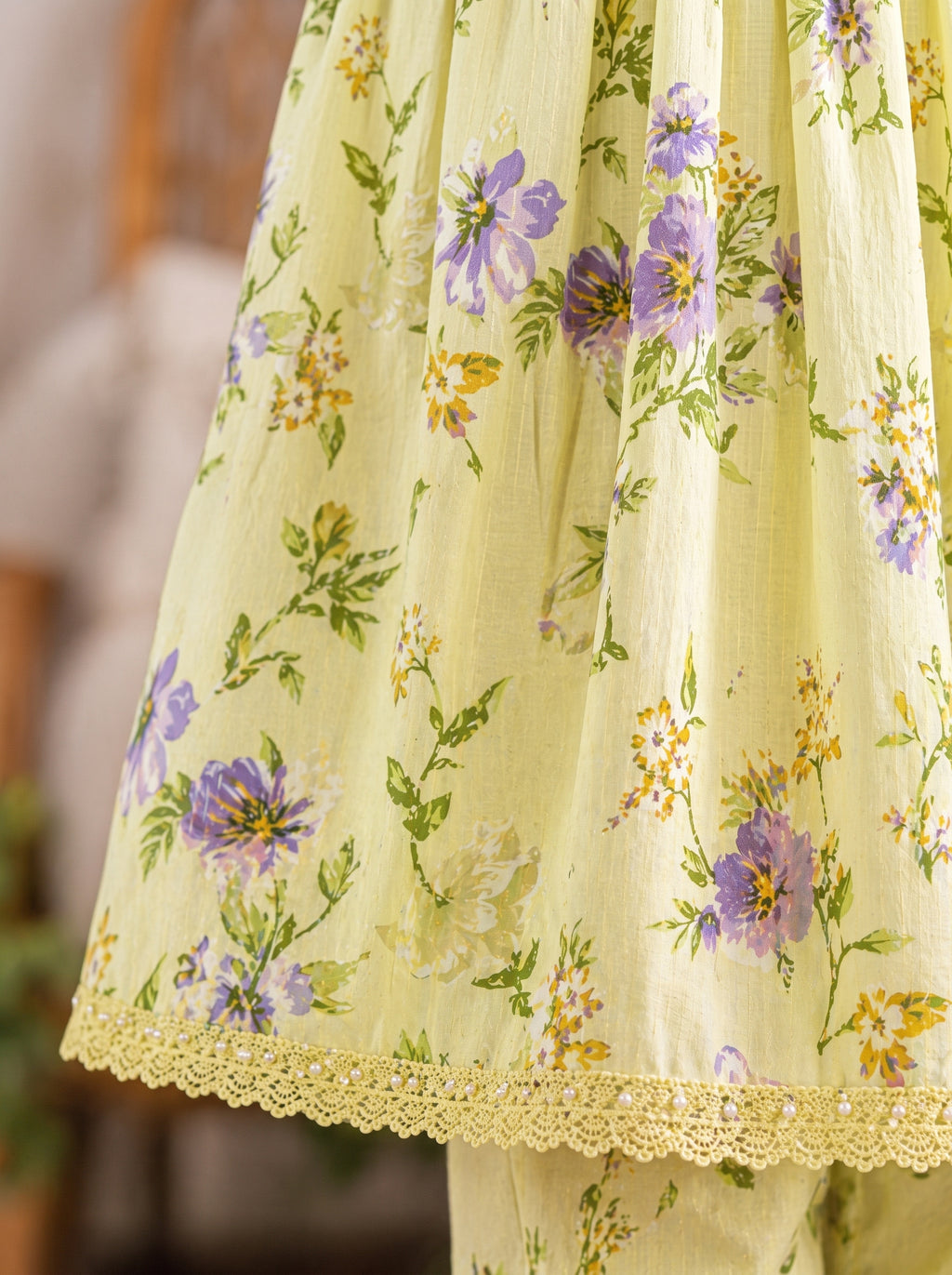 Light Pistachio Floral (2-Pcs) Cotton Frock For Girls