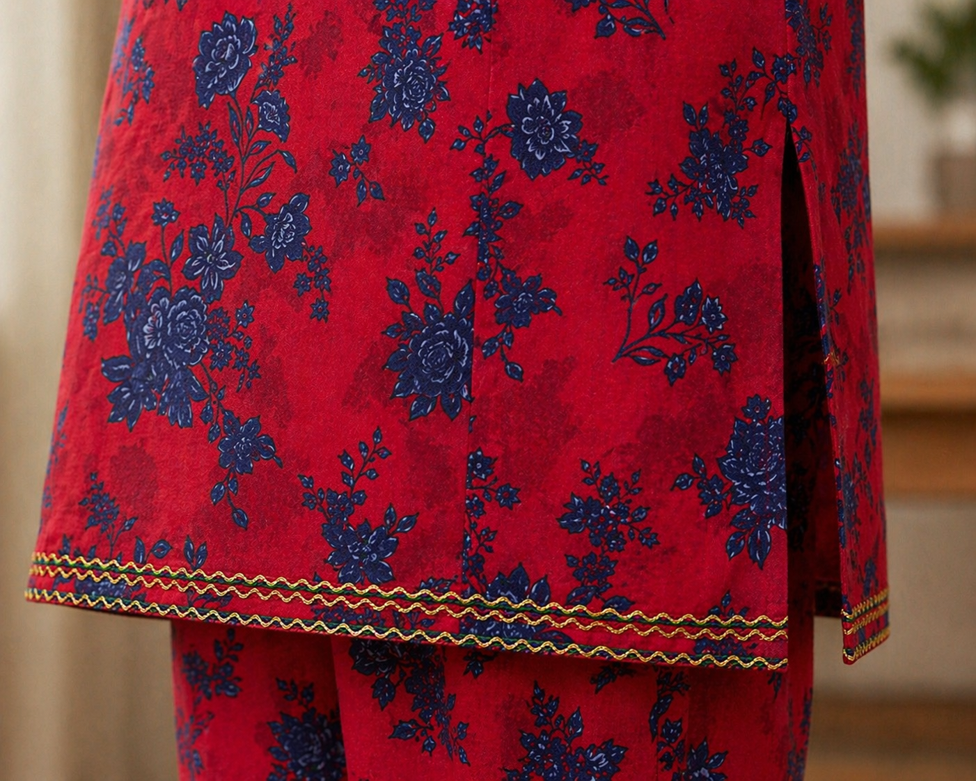 Red Floral (2-Pcs) Cotton Suit For Girls