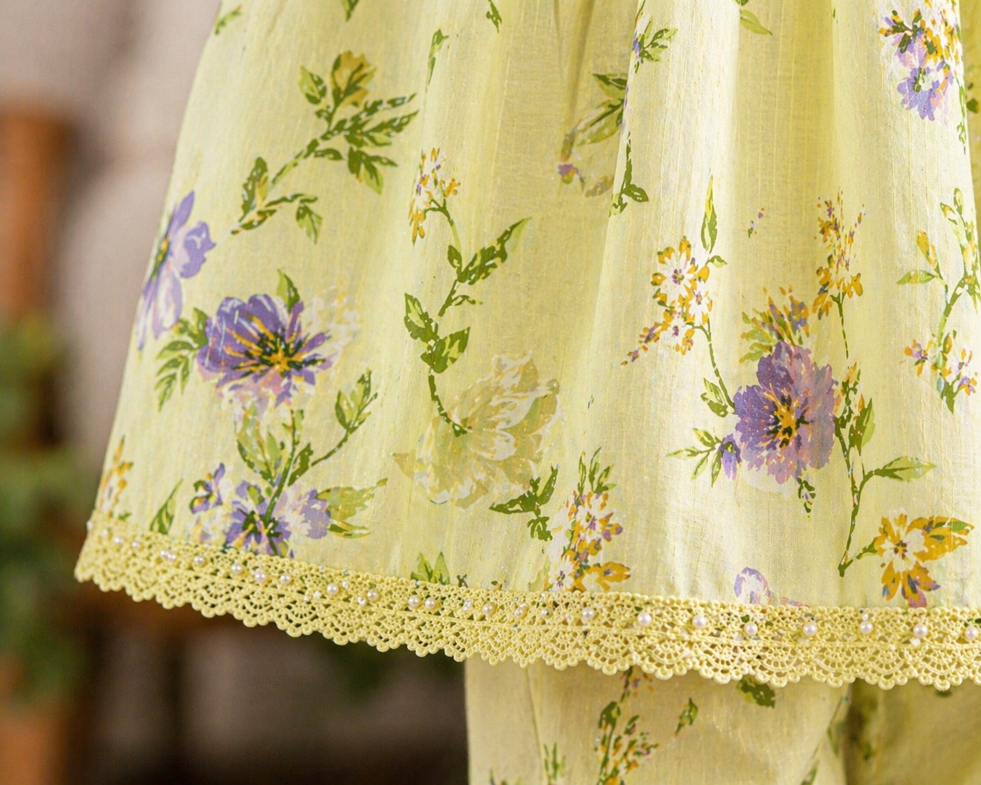Light Pistachio Floral (2-Pcs) Cotton Frock For Girls