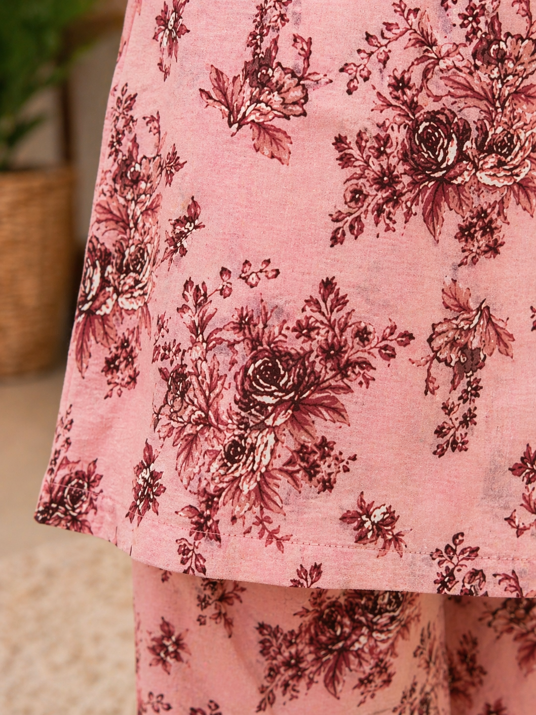 Rose Pink Floral (2-Pcs) Cotton Suit For Girls