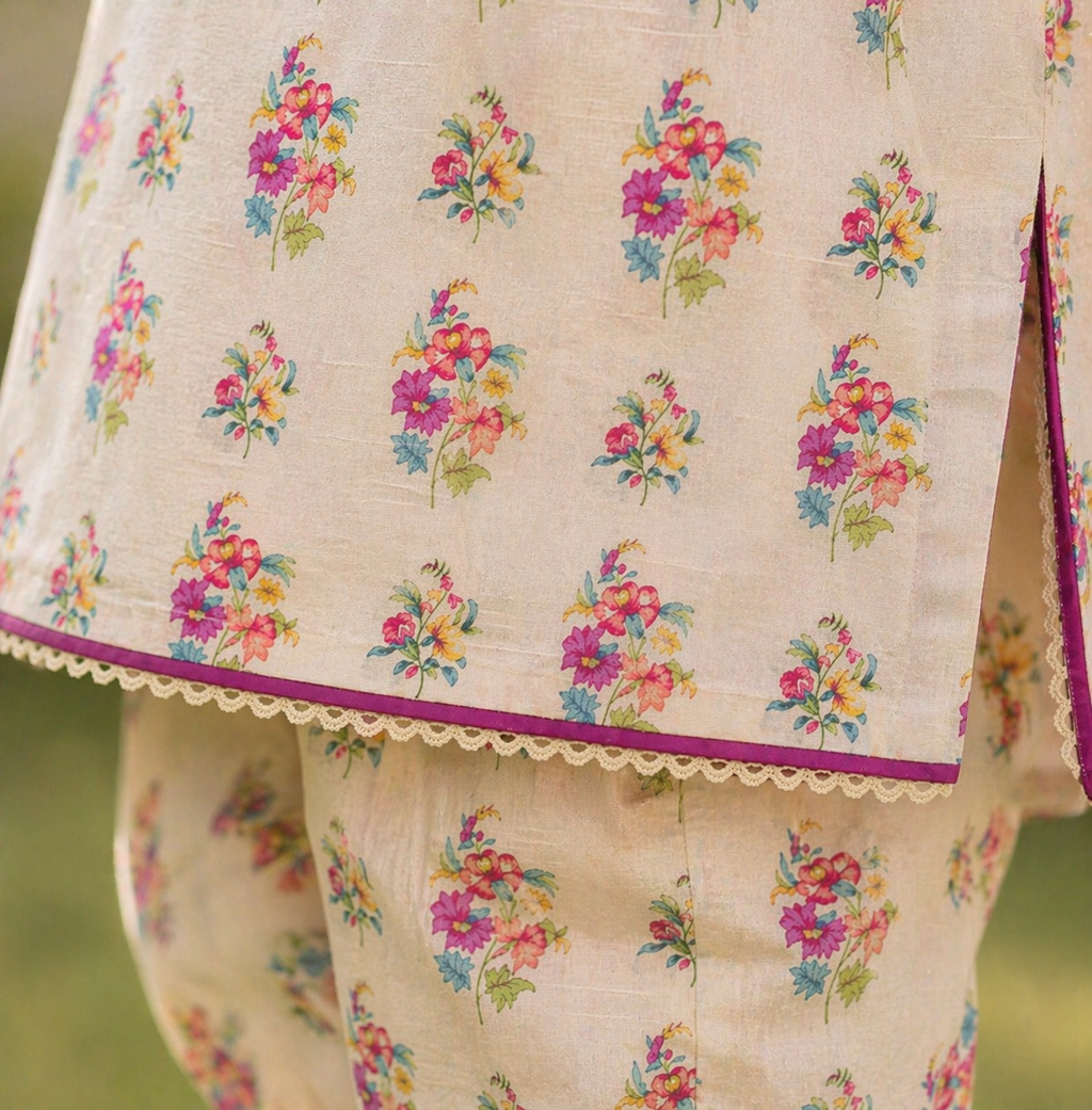 Off-White Floral (2-Pcs) Cotton Suit For Girls