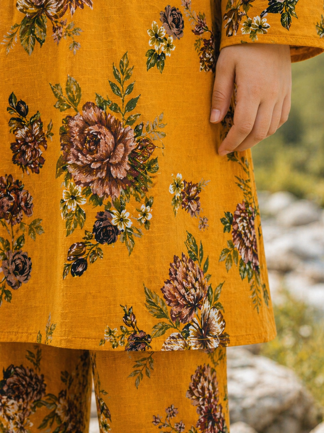 Mustard Orange Floral (2-Pcs) Cotton Suit For Girls
