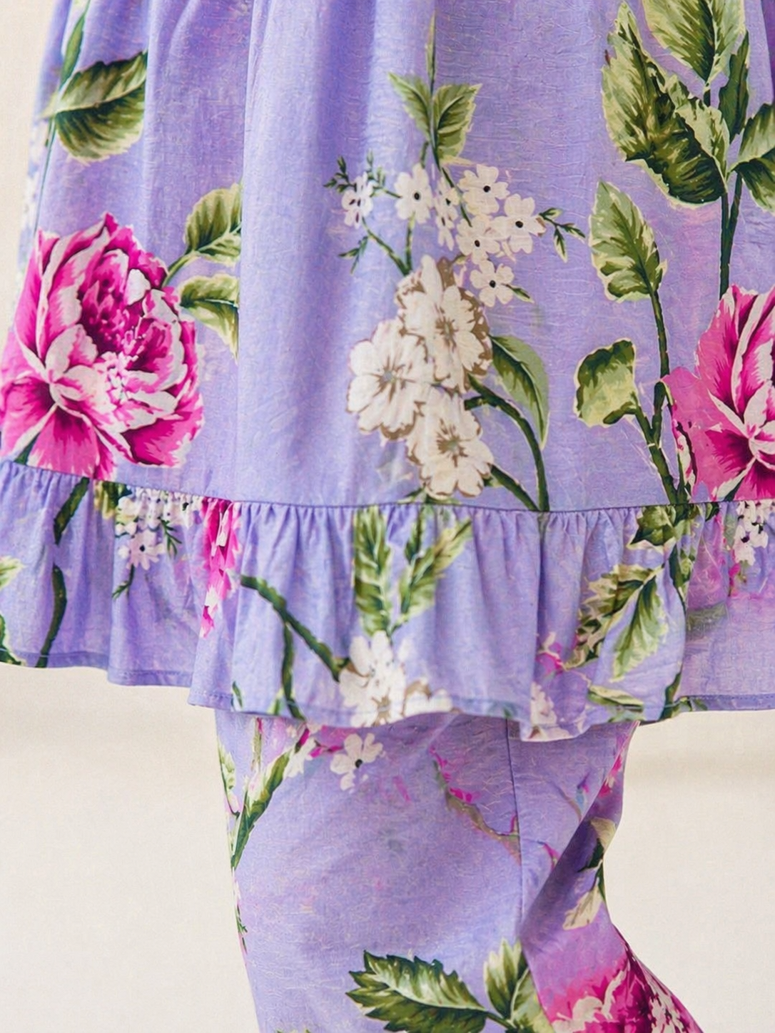 Lilac Floral (2-Pcs) Cotton Frock For Girls