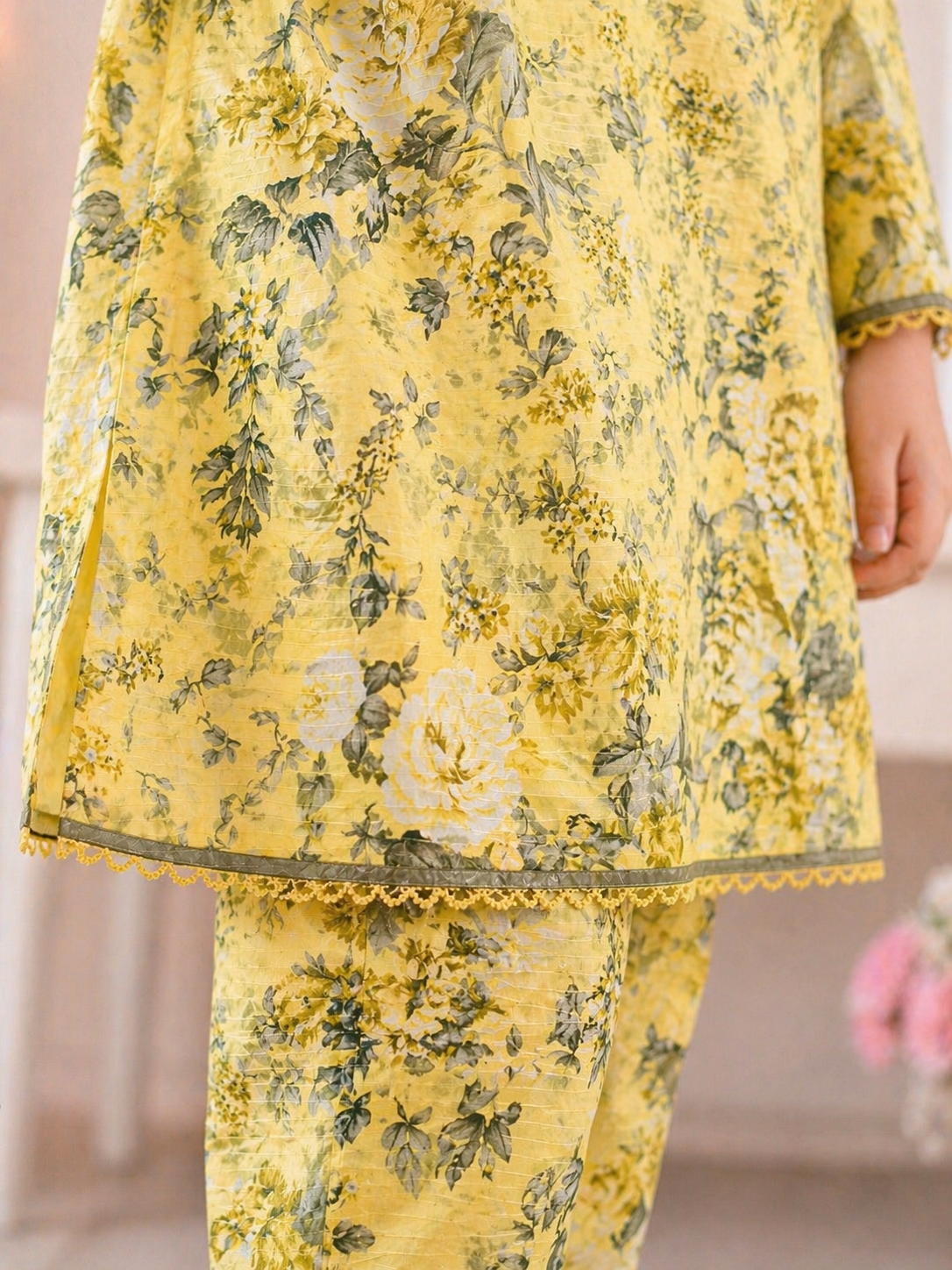Light Yellow Floral (2-Pcs) Cotton Suit For Girls