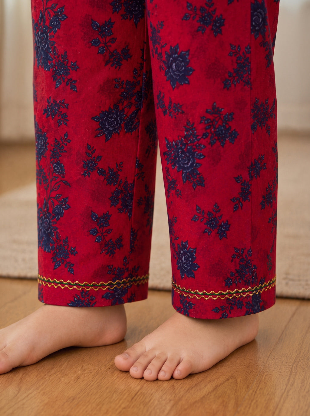 Red Floral (2-Pcs) Cotton Suit For Girls