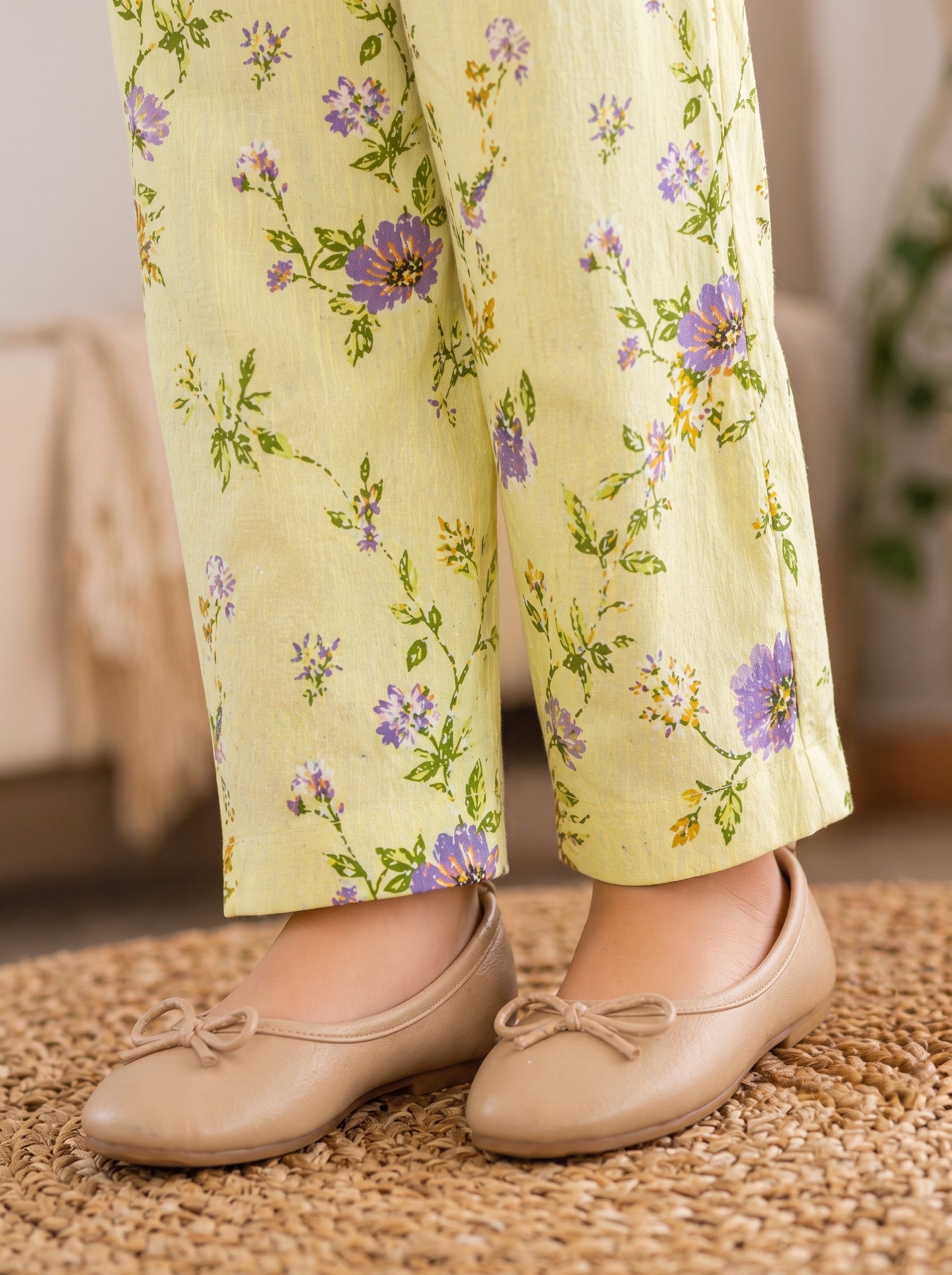 Light Pistachio Floral (2-Pcs) Cotton Frock For Girls
