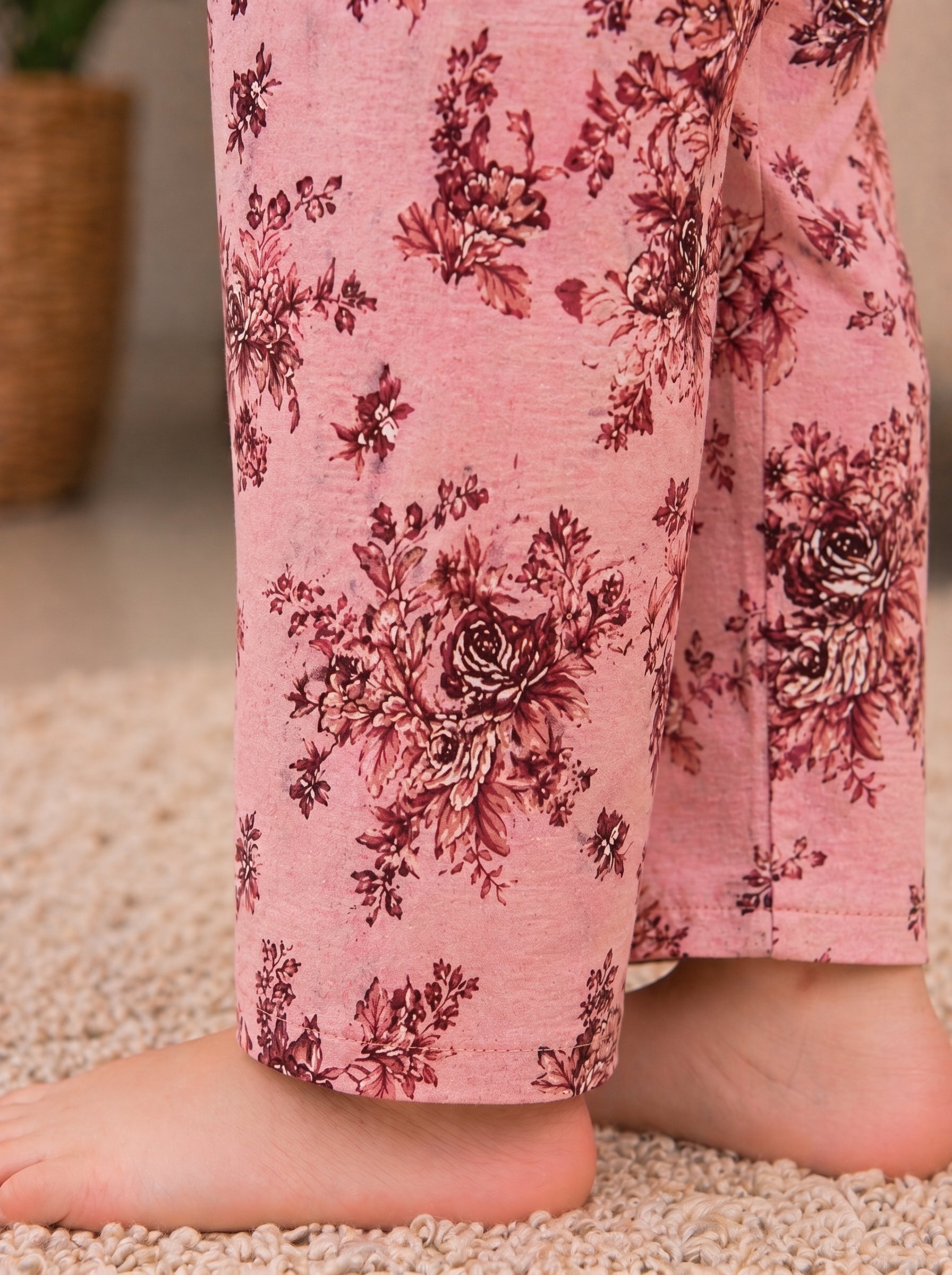 Rose Pink Floral (2-Pcs) Cotton Suit For Girls