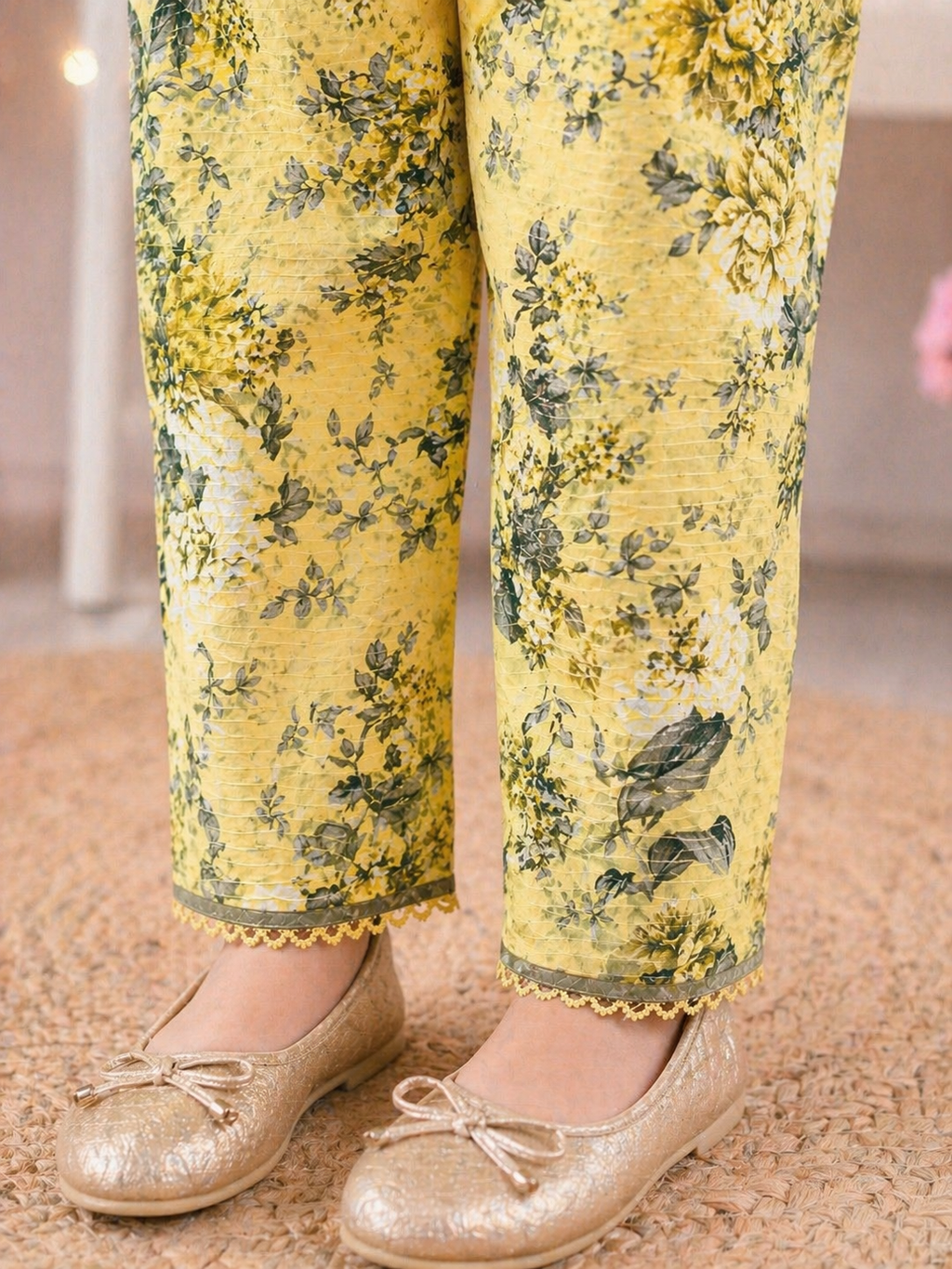 Light Yellow Floral (2-Pcs) Cotton Suit For Girls