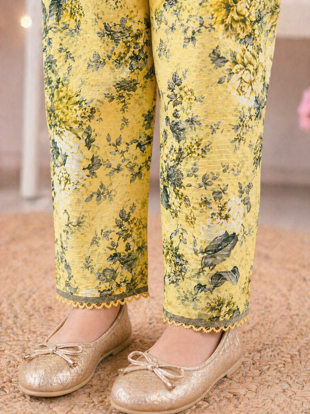 Light Yellow Floral (2-Pcs) Cotton Suit For Girls