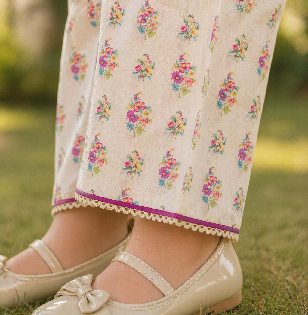 Off-White Floral (2-Pcs) Cotton Suit For Girls