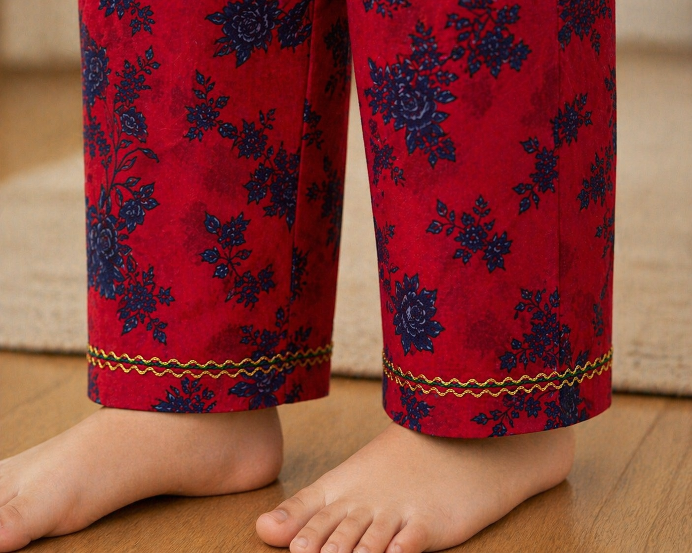 Red Floral (2-Pcs) Cotton Suit For Girls