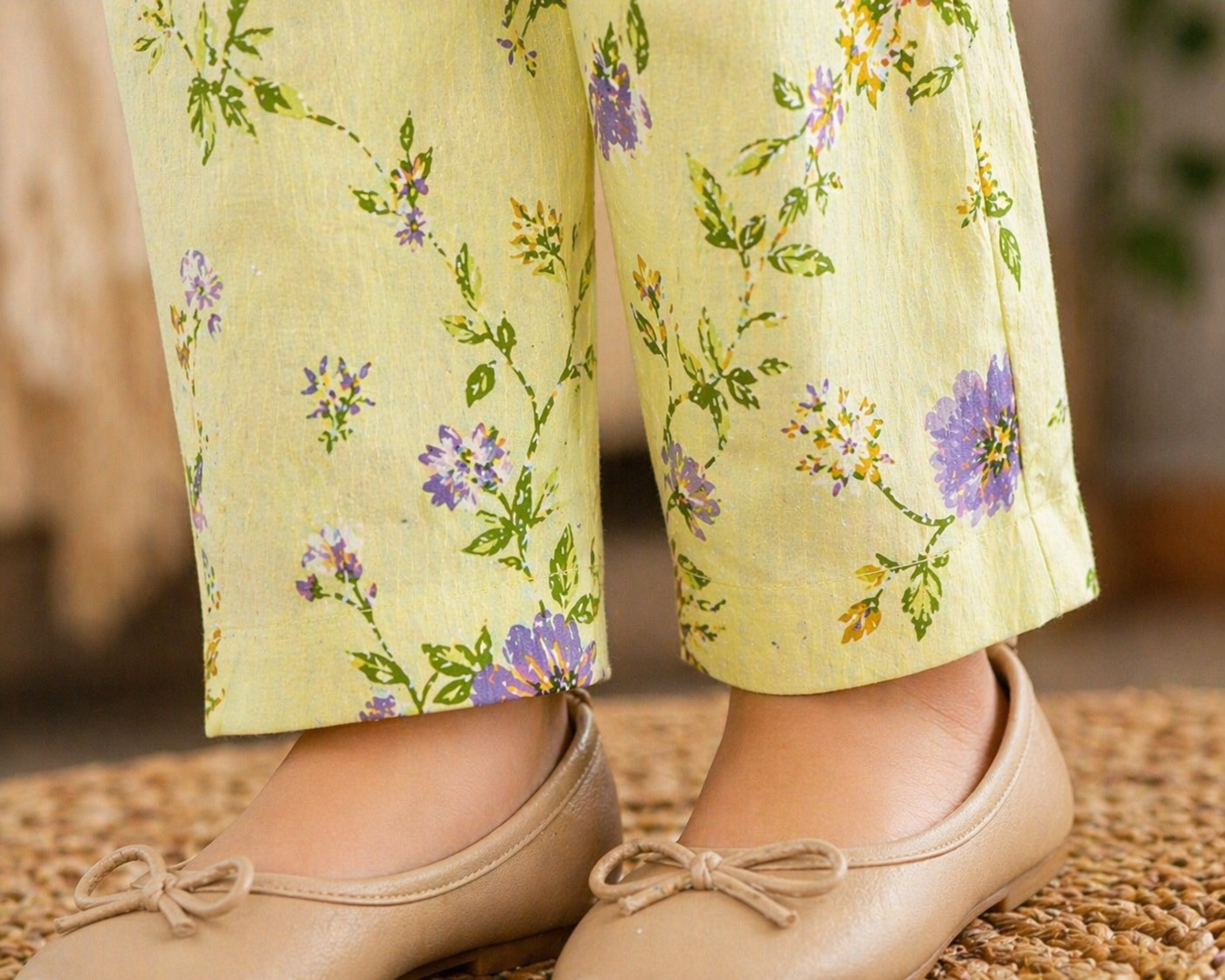 Light Pistachio Floral (2-Pcs) Cotton Frock For Girls