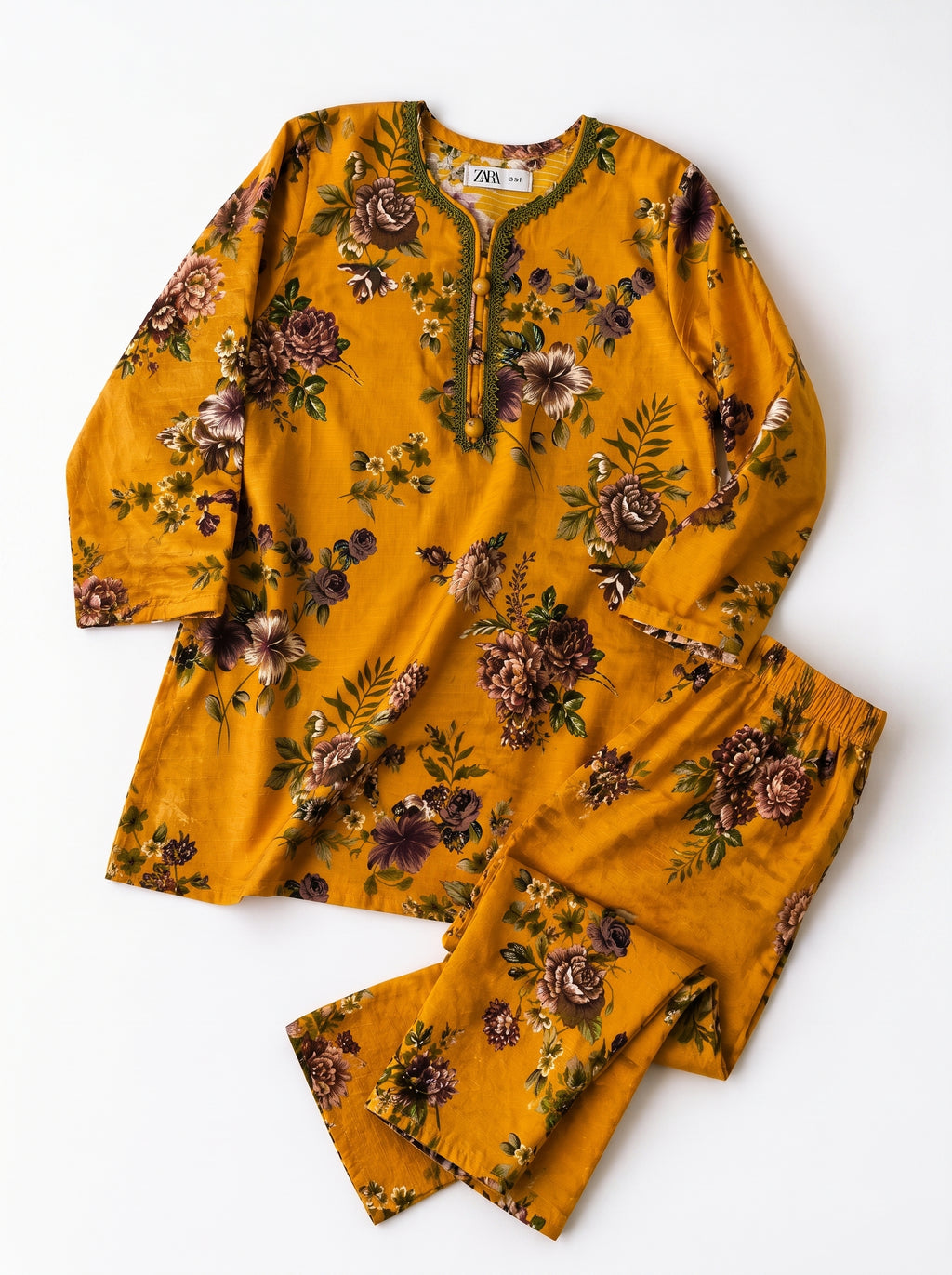 Mustard Orange Floral (2-Pcs) Cotton Suit For Girls