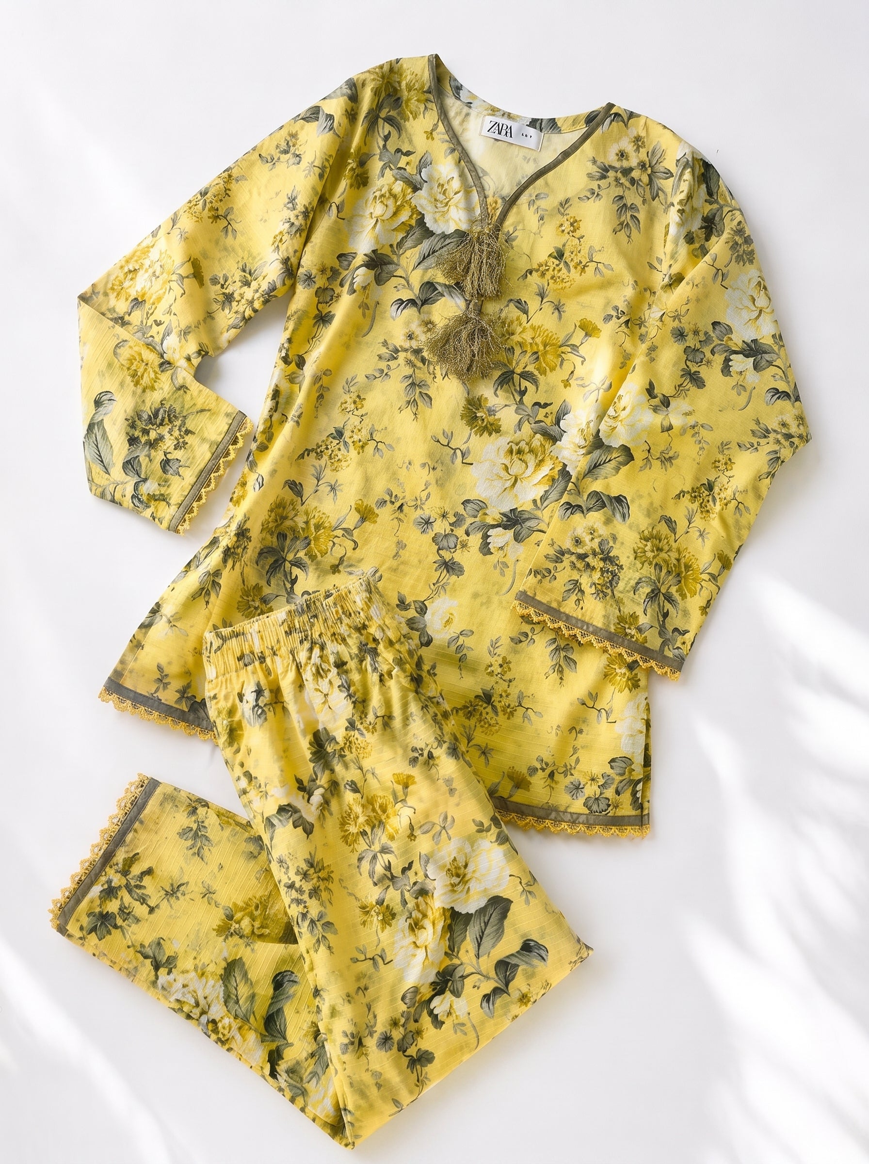 Light Yellow Floral (2-Pcs) Cotton Suit For Girls