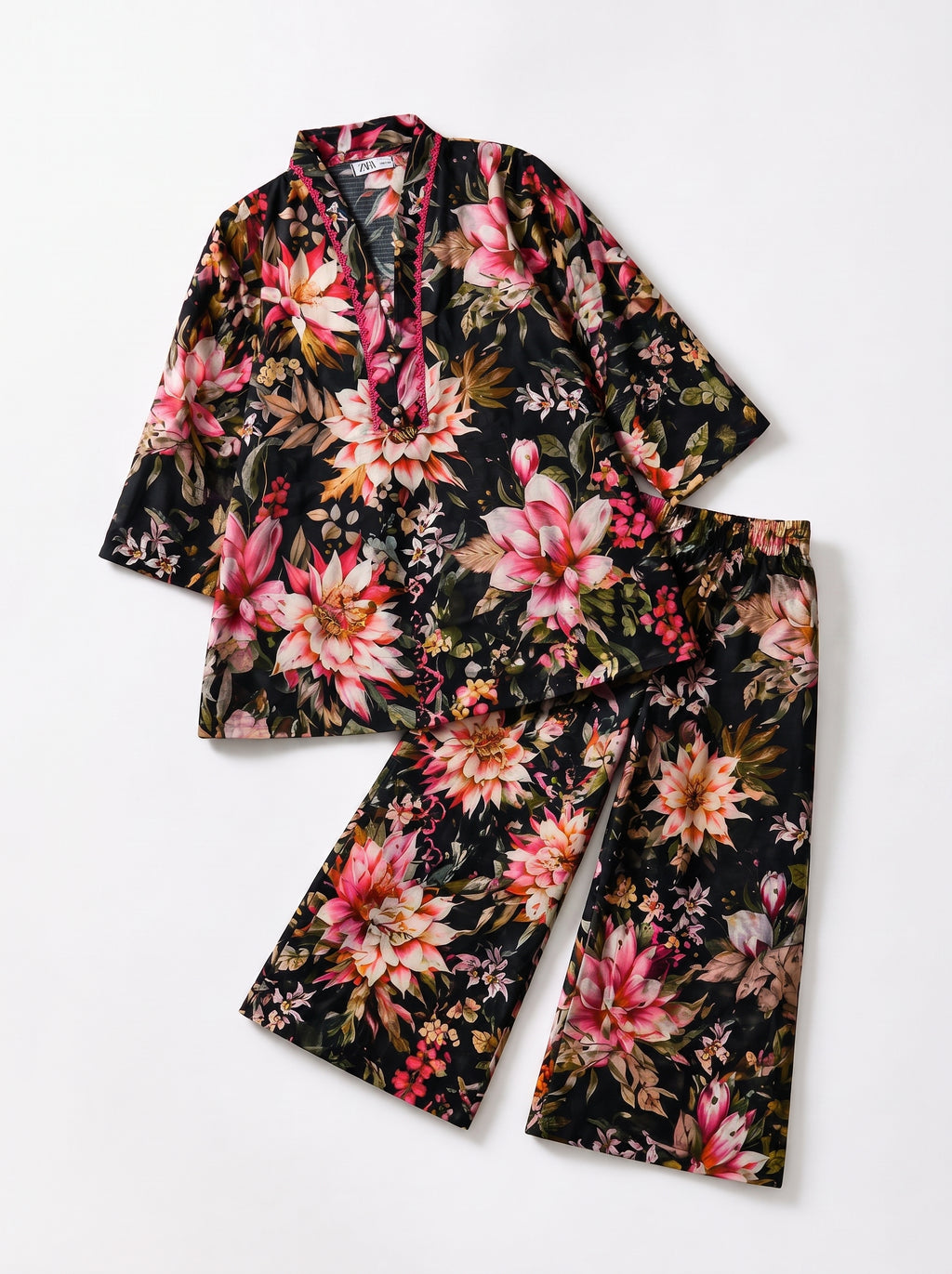 Black Floral (2-Pcs) Cotton Suit For Girls